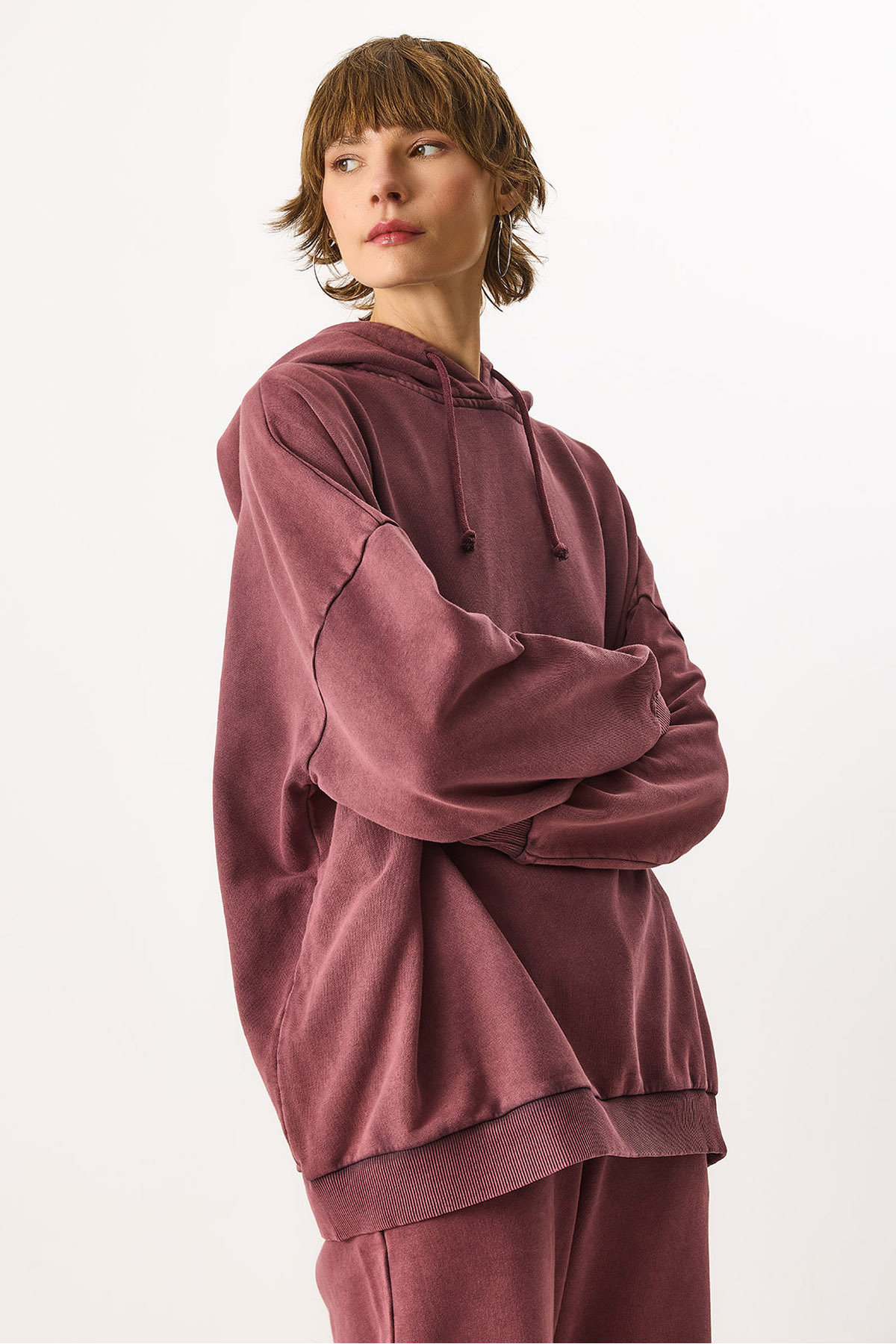 Kapüşonlu Regular Fit Yıkamalı %100 Pamuk Sweatshirt - BORDO