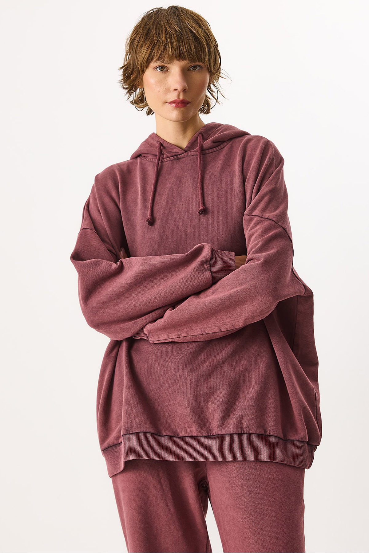 Kapüşonlu Regular Fit Yıkamalı %100 Pamuk Sweatshirt - BORDO