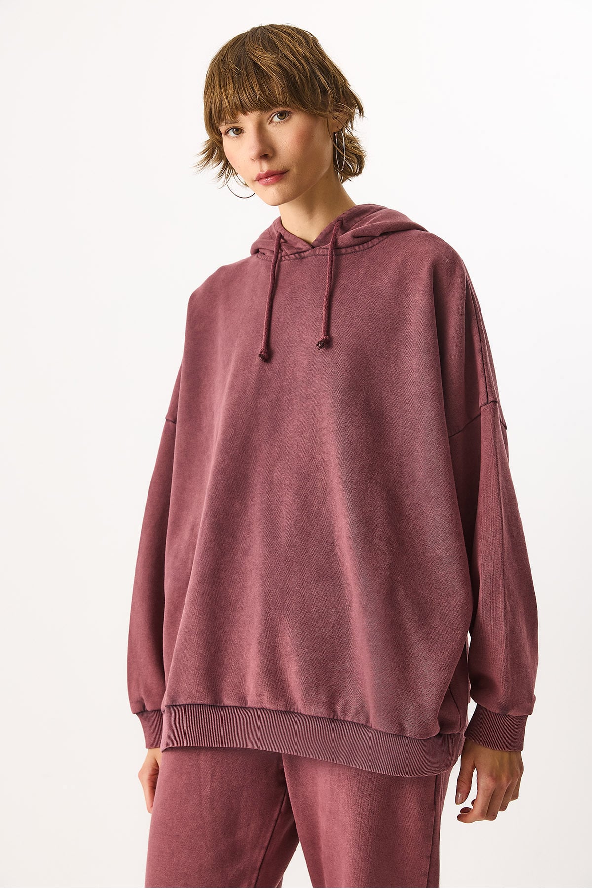 Kapüşonlu Regular Fit Yıkamalı %100 Pamuk Sweatshirt - BORDO