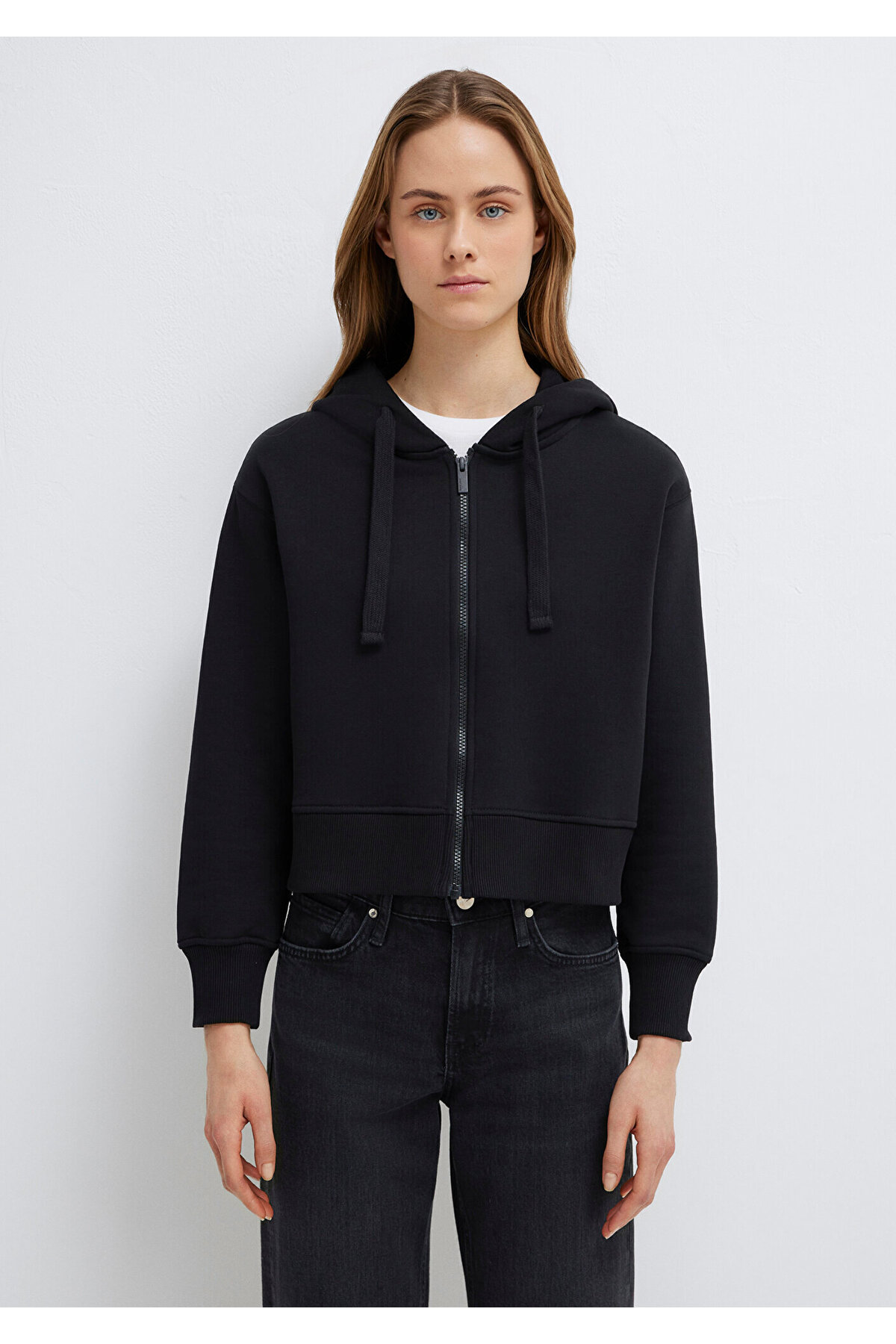 Kapüşonlu Siyah Basic Crop Sweatshirt 1S10388-900