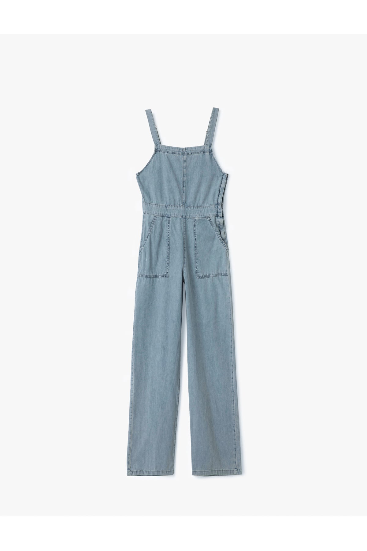 Kare Yaka Cepli Dikiş Detaylı Kolsuz Denim Tulum