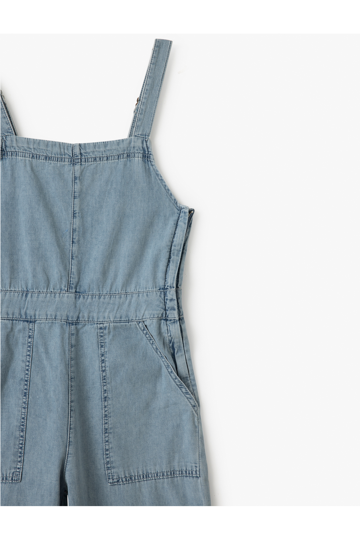 Kare Yaka Cepli Dikiş Detaylı Kolsuz Denim Tulum