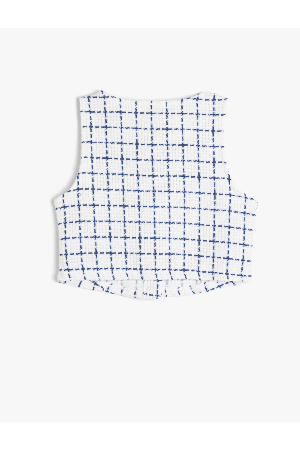 Kare Yaka Ekose Desenli Kolsuz Crop Tüvit Yelek