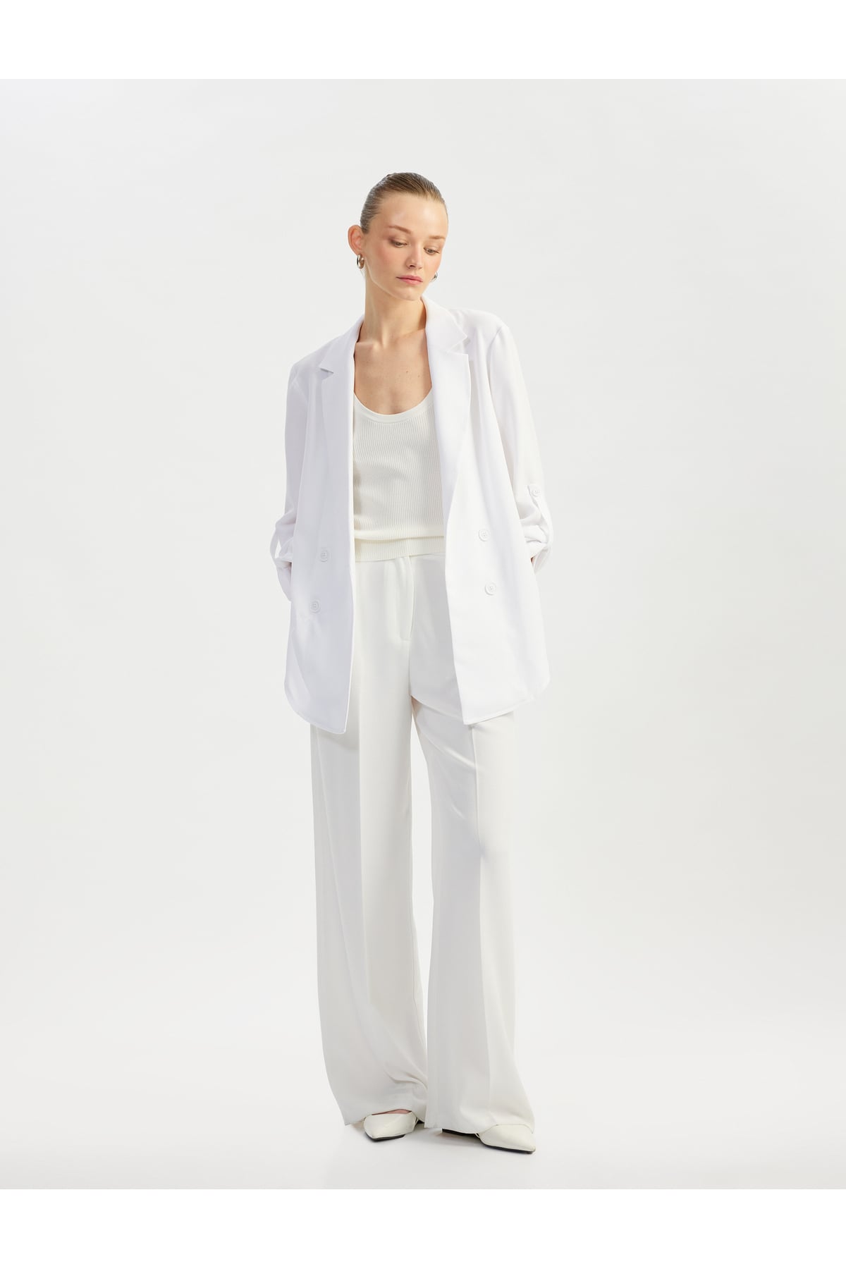 Katlama Detaylı Krep Kumaş 3/4 Kol Kruvaze Uzun Oversize Blazer Ceket