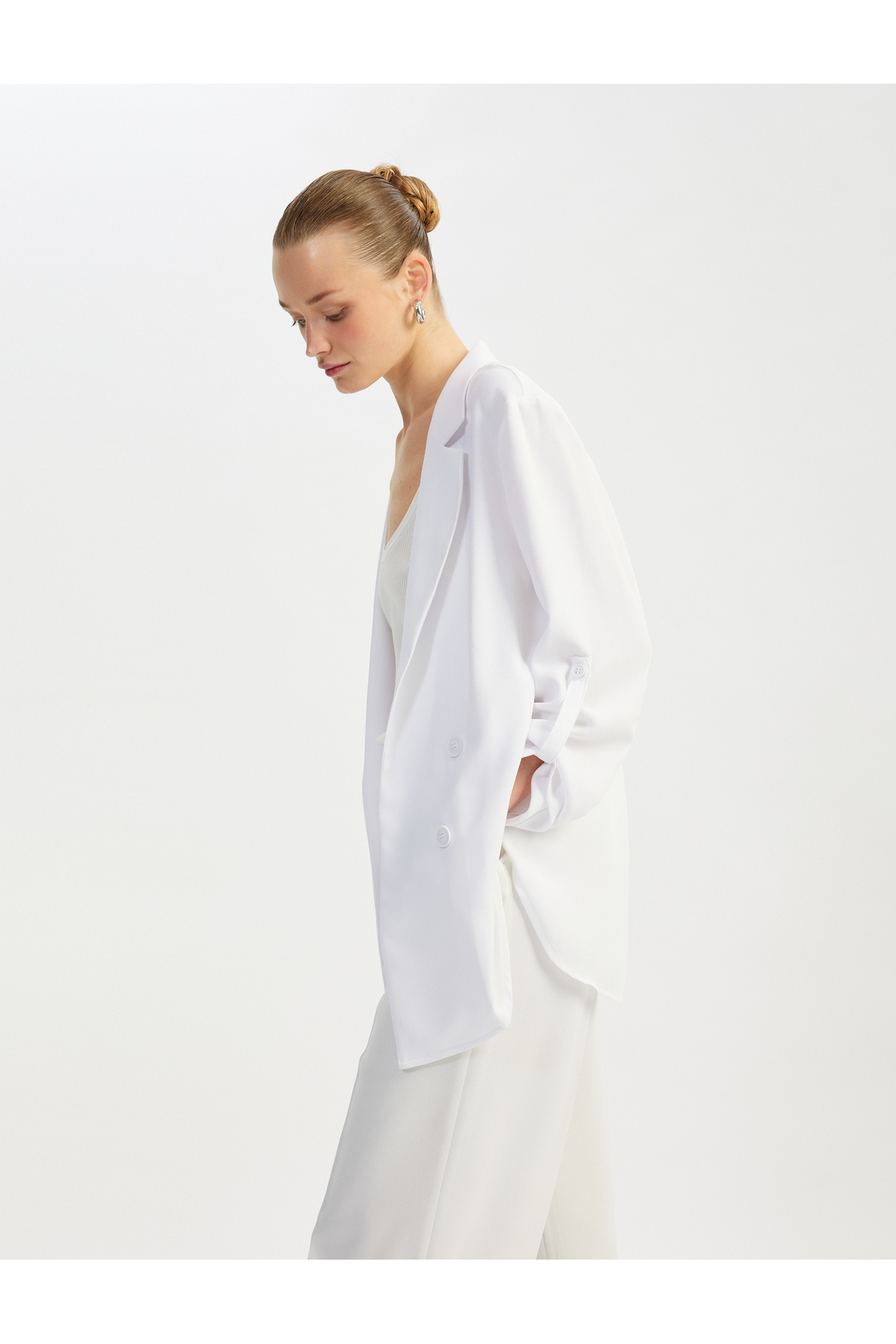 Katlama Detaylı Krep Kumaş 3/4 Kol Kruvaze Uzun Oversize Blazer Ceket