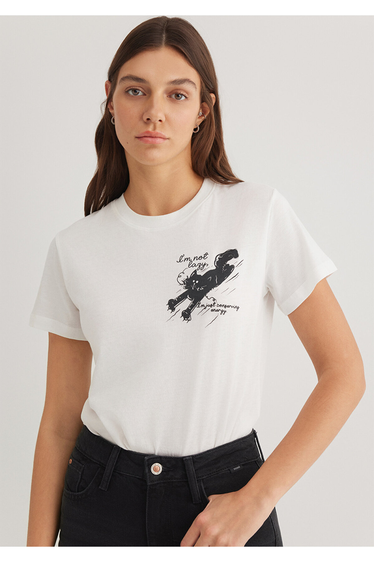 Kedi Baskılı Beyaz Tişört Semi Slim Fit / Yarı Dar Kesim 1612233-70057