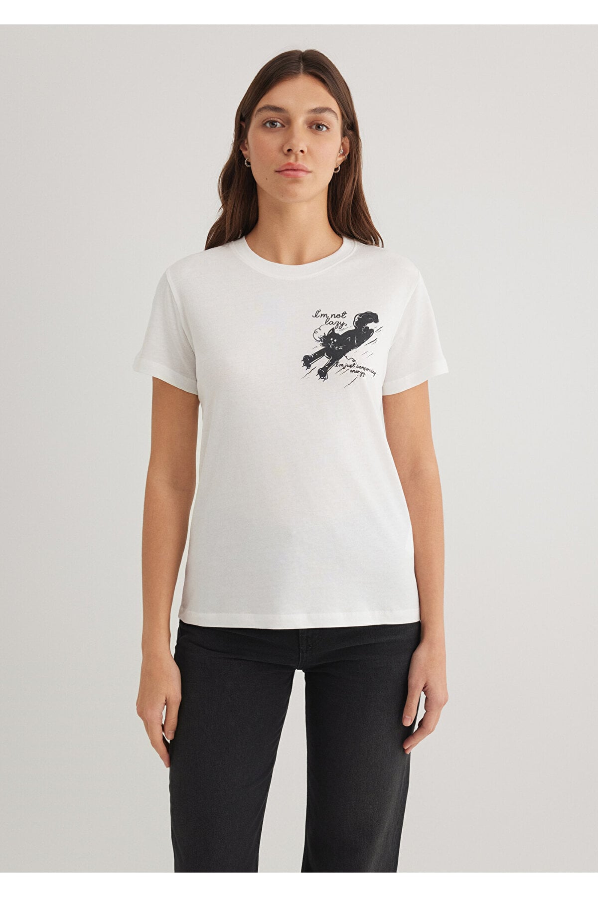 Kedi Baskılı Beyaz Tişört Semi Slim Fit / Yarı Dar Kesim 1612233-70057