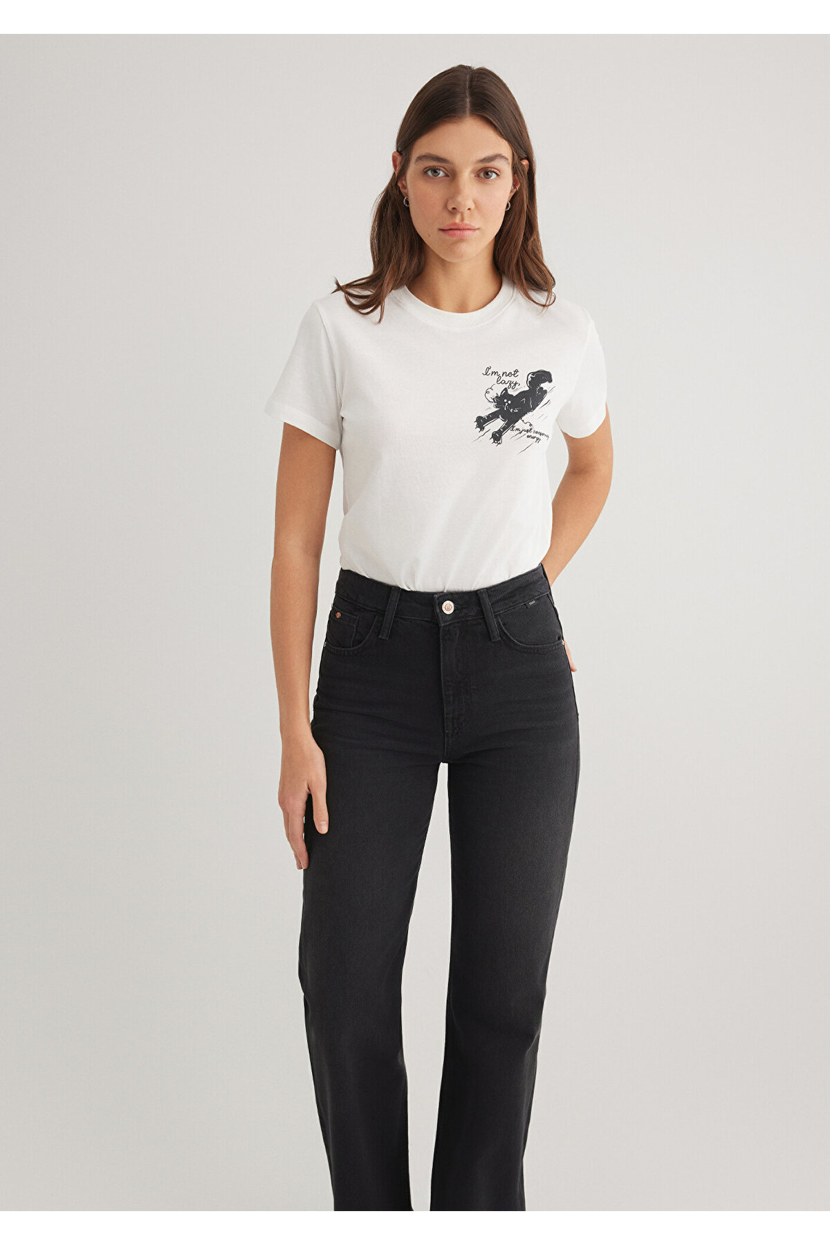 Kedi Baskılı Beyaz Tişört Semi Slim Fit / Yarı Dar Kesim 1612233-70057