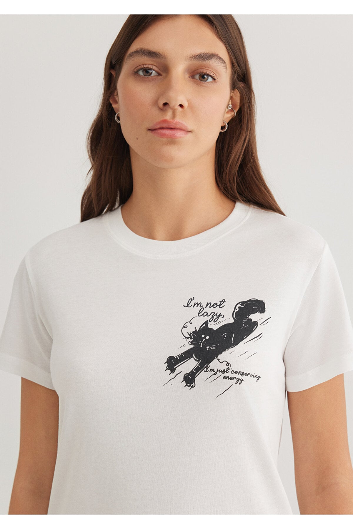 Kedi Baskılı Beyaz Tişört Semi Slim Fit / Yarı Dar Kesim 1612233-70057
