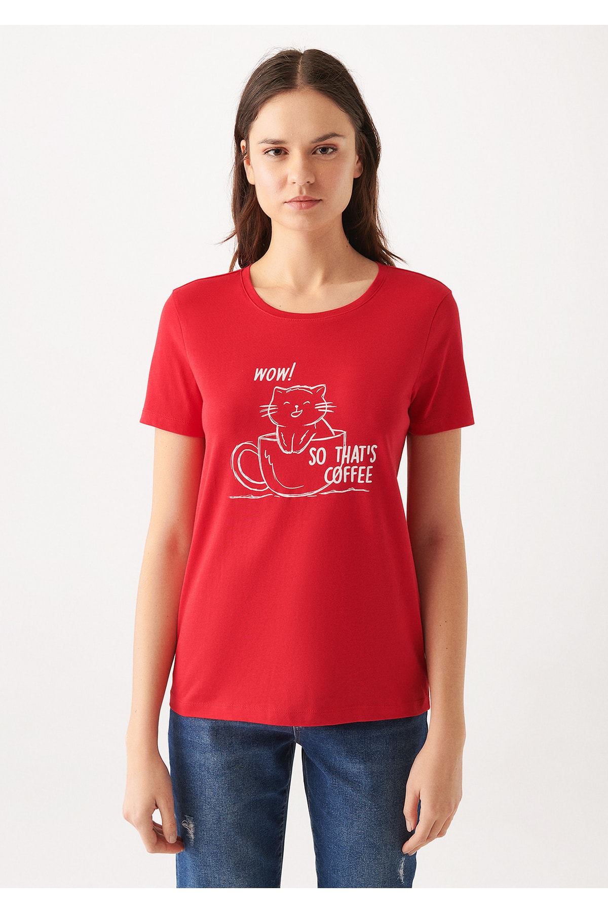 Kedi Baskılı Kırmızı Tişört Slim Fit / Dar Kesim 1610143-70467