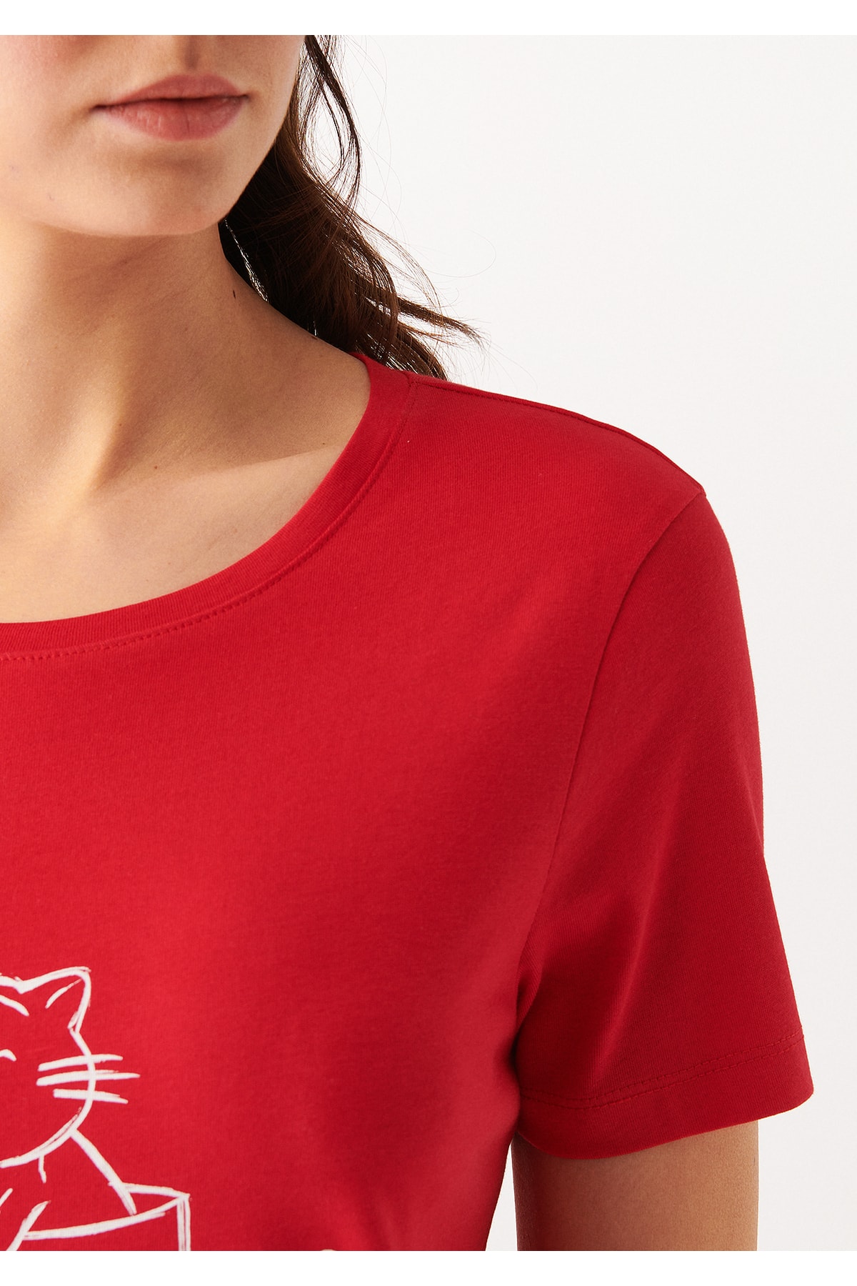 Kedi Baskılı Kırmızı Tişört Slim Fit / Dar Kesim 1610143-70467