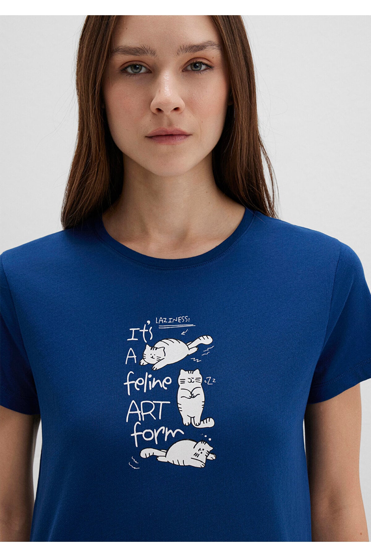 Kedi Baskılı Lacivert Tişört Semi Slim Fit / Yarı Dar Kesim 1613471-82625