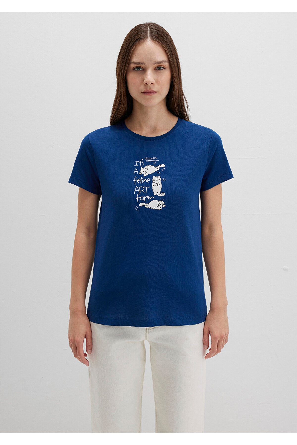 Kedi Baskılı Lacivert Tişört Semi Slim Fit / Yarı Dar Kesim 1613471-82625