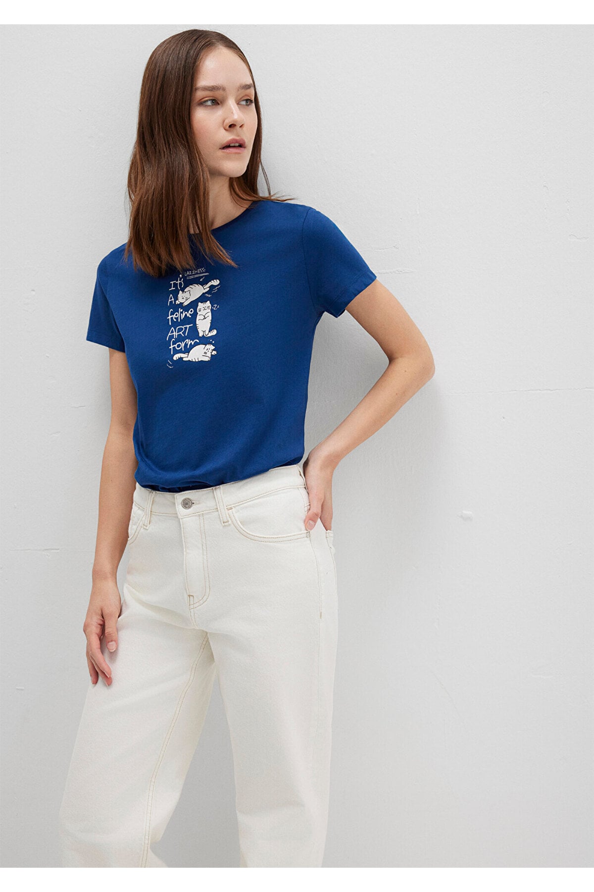 Kedi Baskılı Lacivert Tişört Semi Slim Fit / Yarı Dar Kesim 1613471-82625