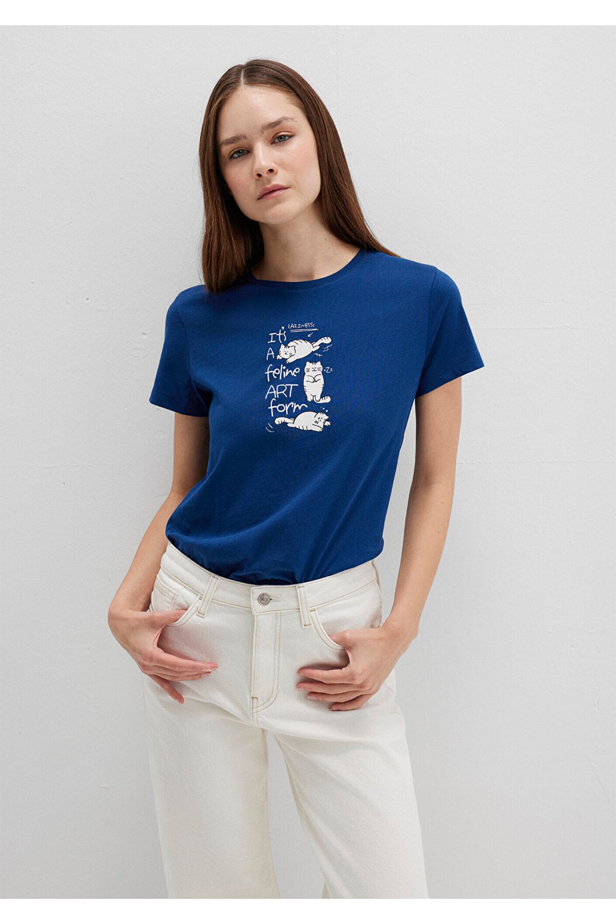 Kedi Baskılı Lacivert Tişört Semi Slim Fit / Yarı Dar Kesim 1613471-82625