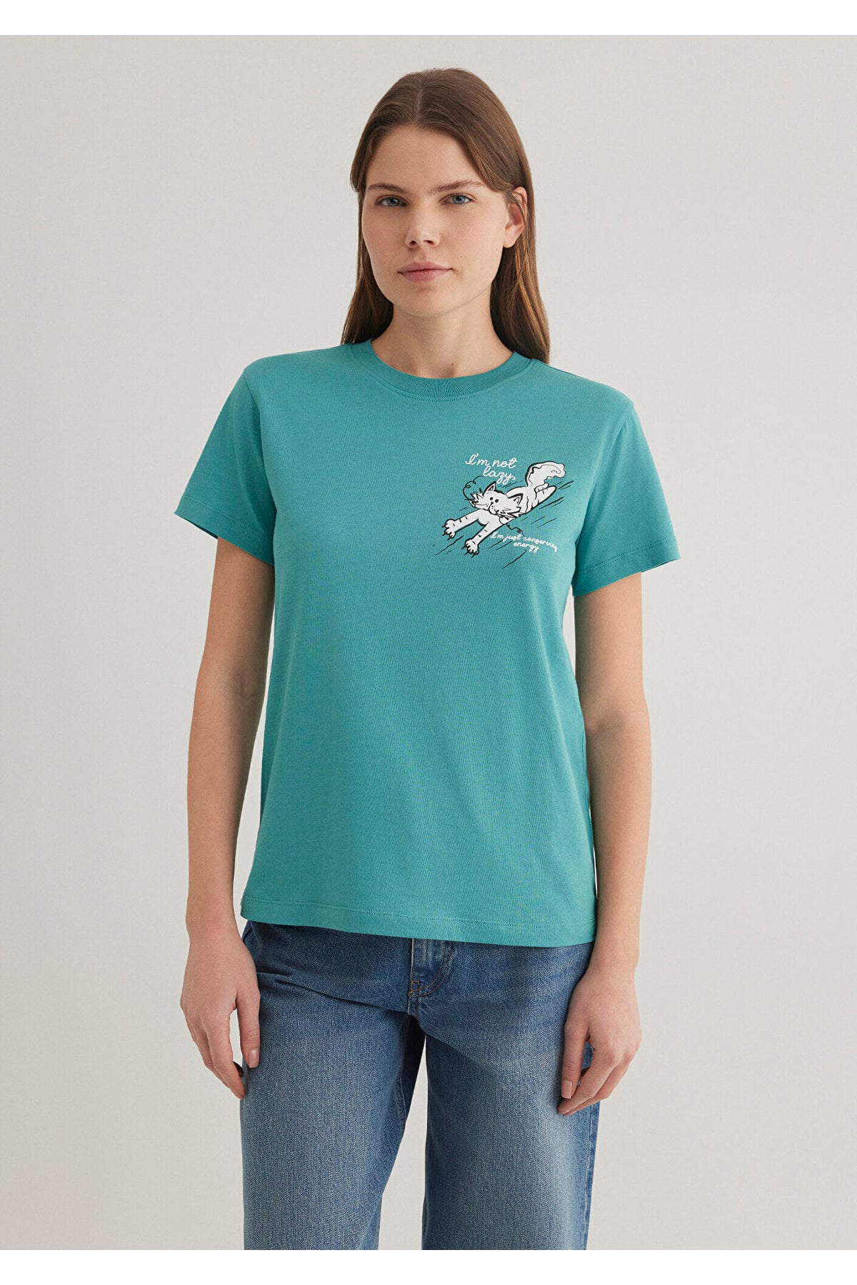 Kedi Baskılı Yeşil Tişört Semi Slim Fit / Yarı Dar Kesim 1612233-71823