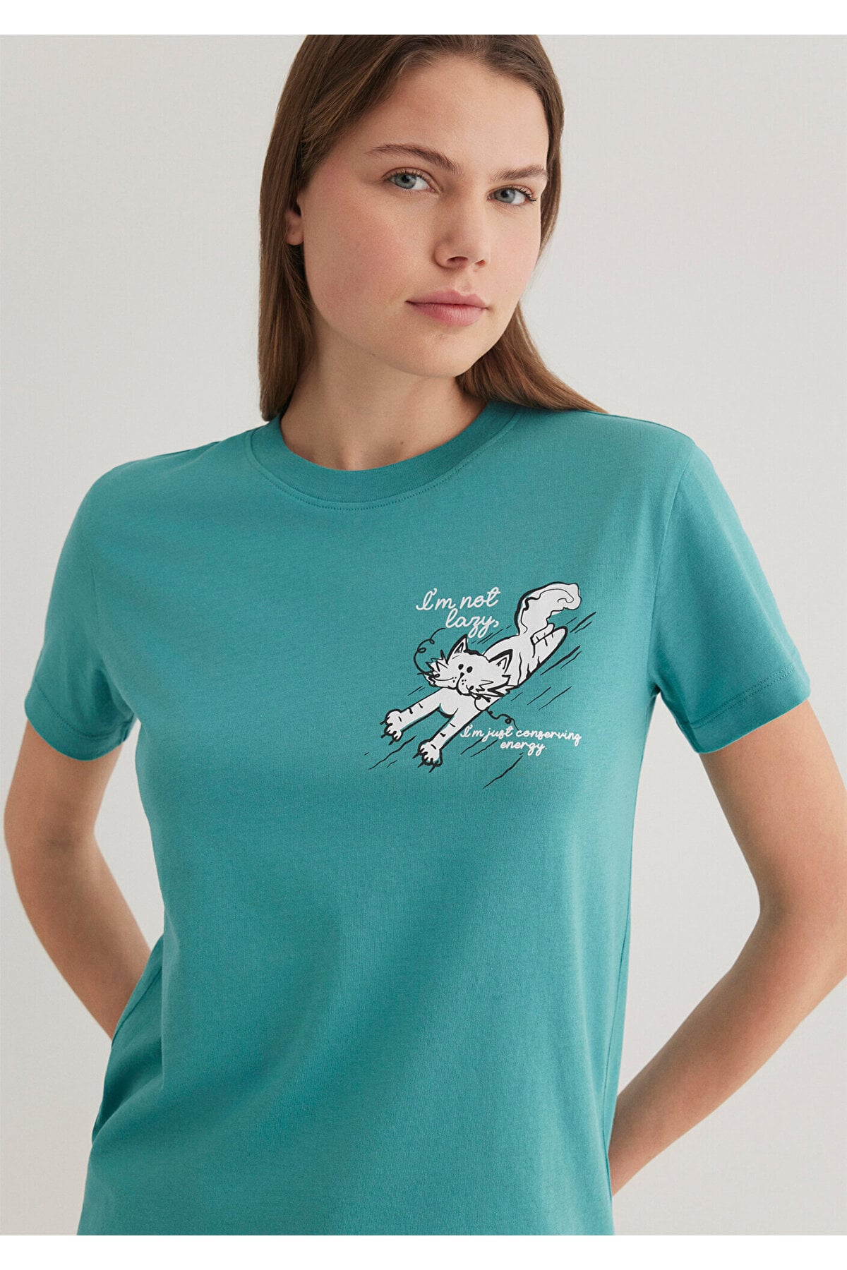 Kedi Baskılı Yeşil Tişört Semi Slim Fit / Yarı Dar Kesim 1612233-71823