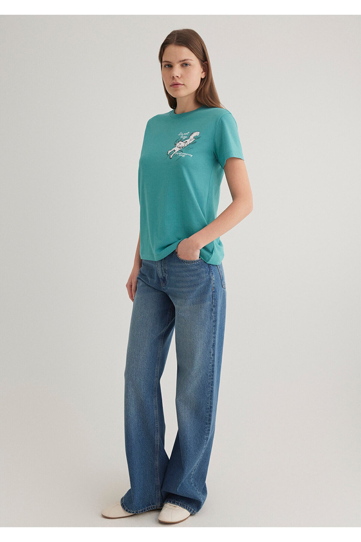 Kedi Baskılı Yeşil Tişört Semi Slim Fit / Yarı Dar Kesim 1612233-71823