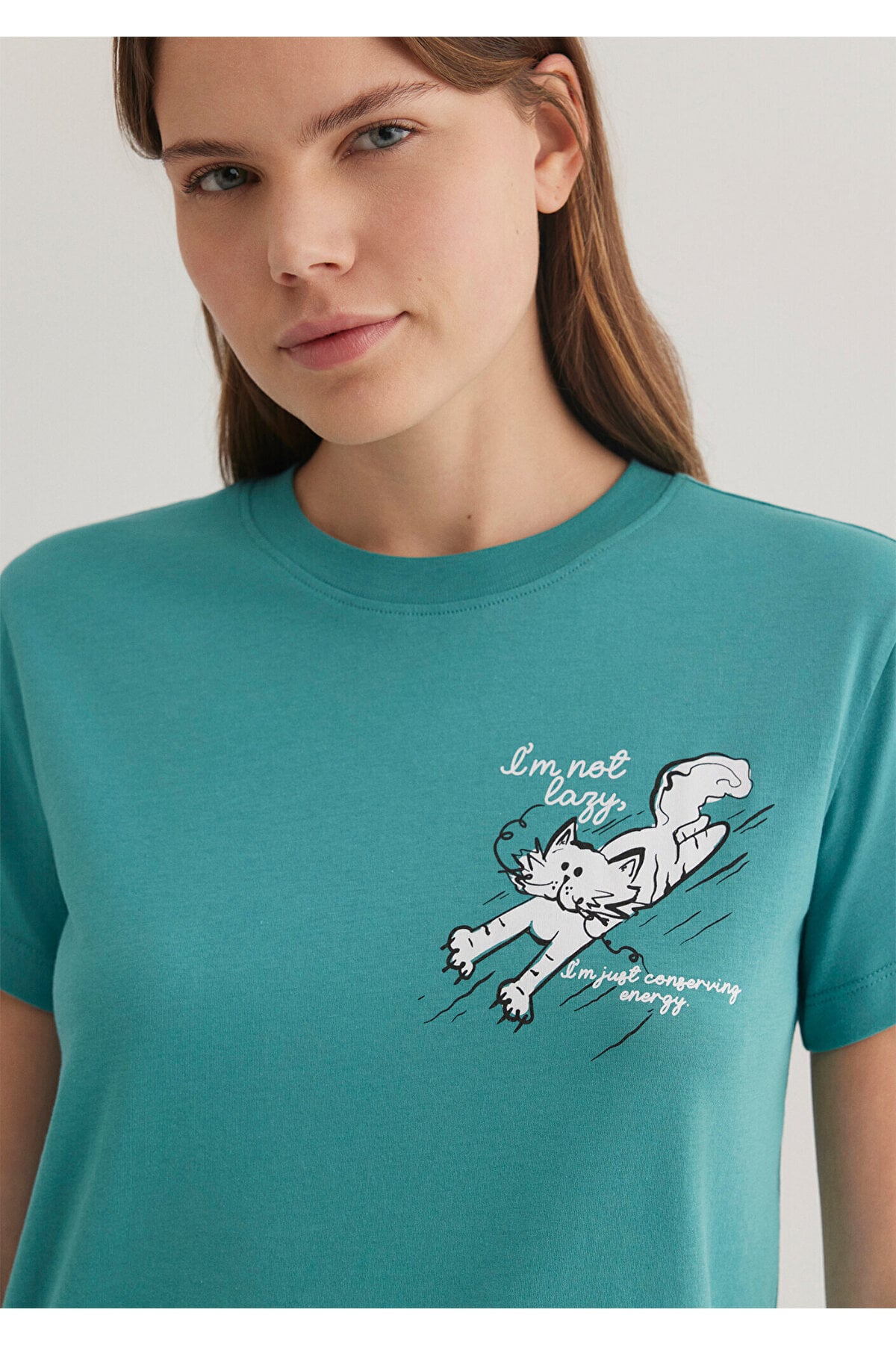 Kedi Baskılı Yeşil Tişört Semi Slim Fit / Yarı Dar Kesim 1612233-71823