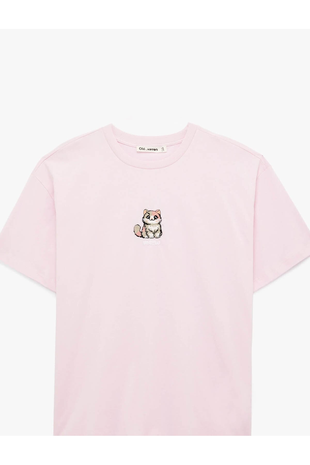 Kedi Nakış Detaylı Pembe Kadın T-Shirt 6SAL10074IK