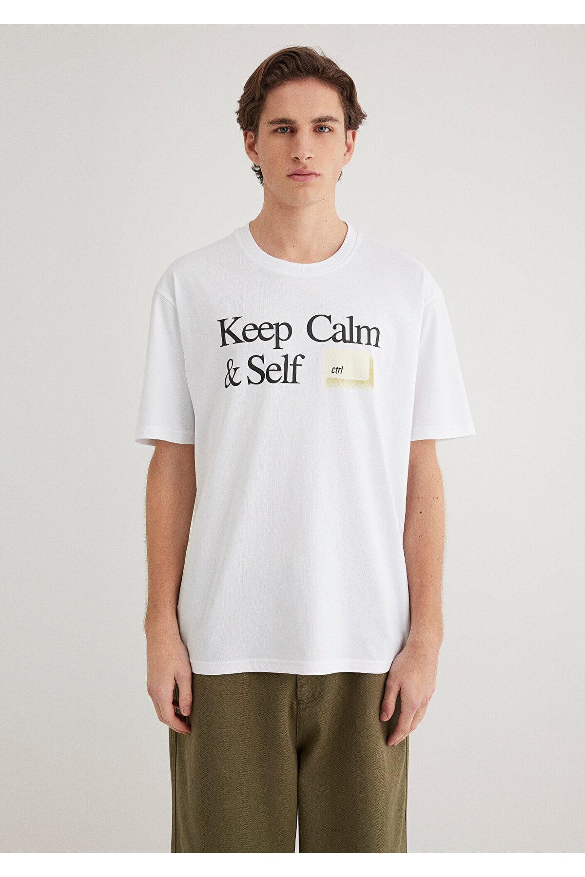 Keep Calm Baskılı Beyaz Tişört Loose Fit / Bol Rahat Kesim 0612463-620