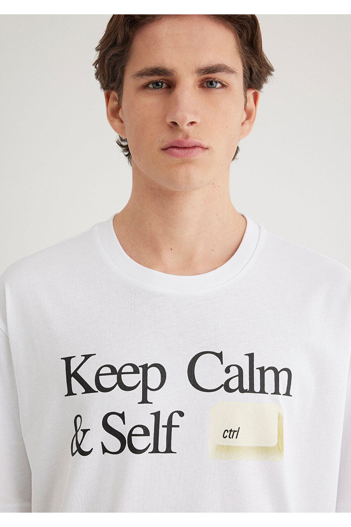 Keep Calm Baskılı Beyaz Tişört Loose Fit / Bol Rahat Kesim 0612463-620