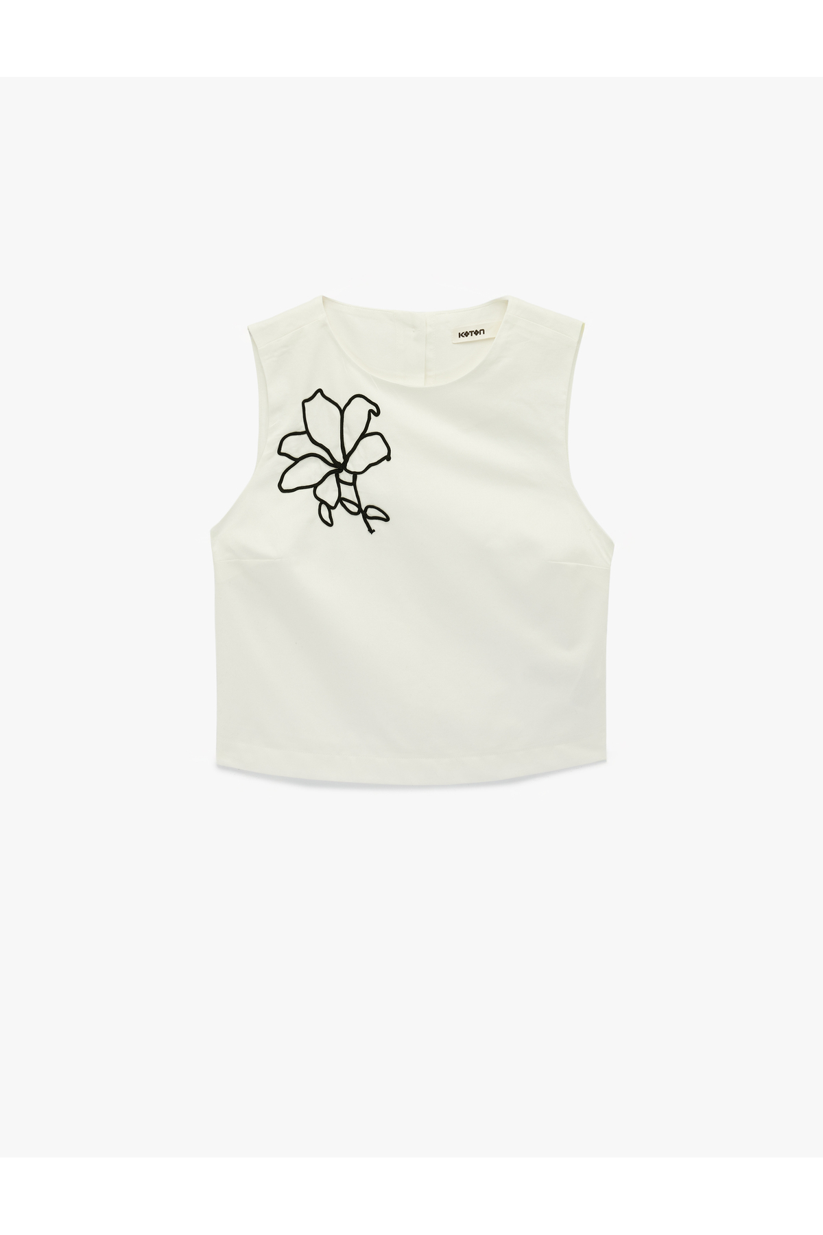 Keten Karışımlı Bisiklet Yaka Kolsuz Çiçekli Crop Bluz
