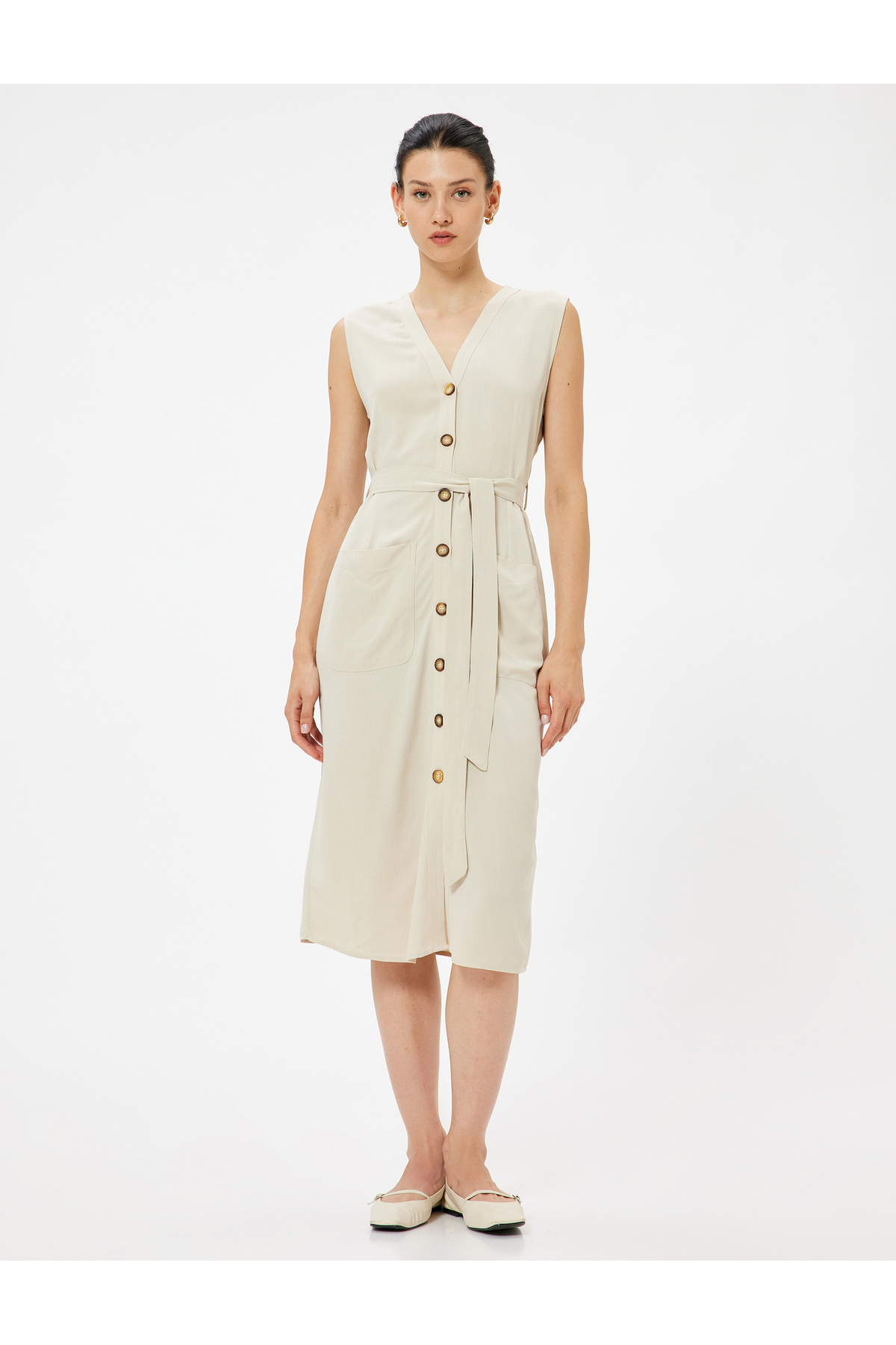 Keten Karışımlı Gömlek Elbise Midi Boy Kolsuz Kemer Detaylı Cepli