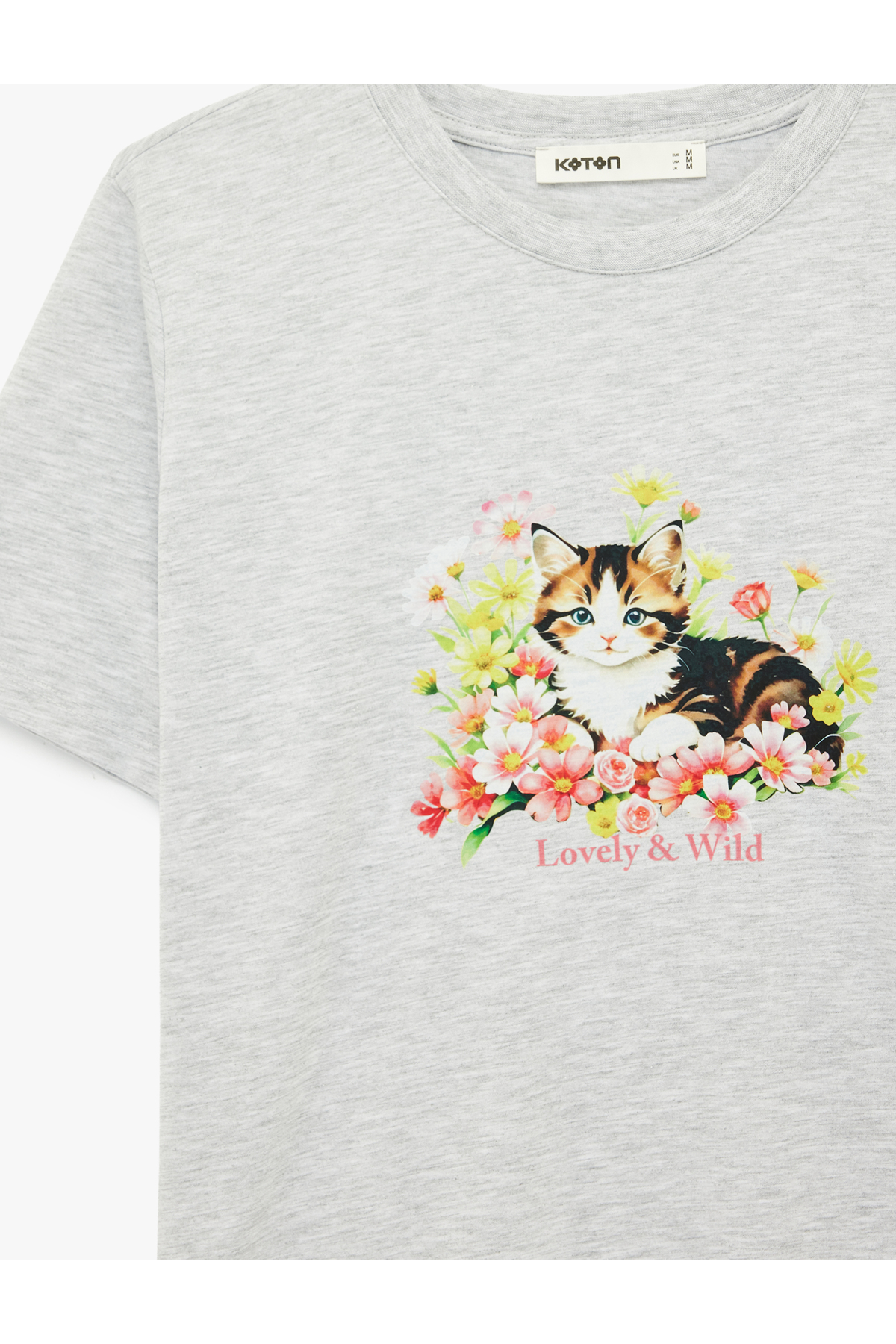 Kısa Kollu Bisiklet Yaka Kedi Baskılı Tişört