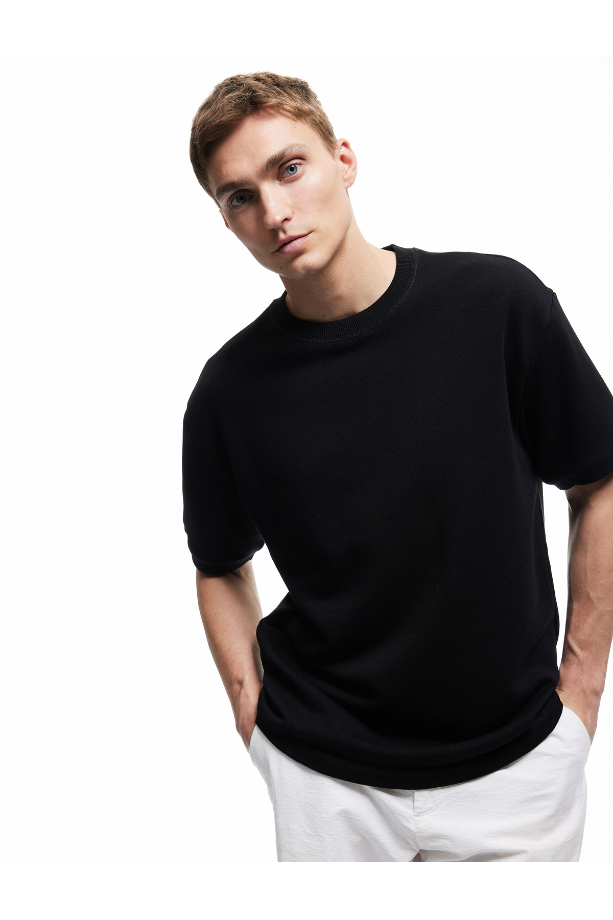 Kısa Kollu Bisiklet Yaka Tok Kumaş Şardonlu Basic Oversize Tişört