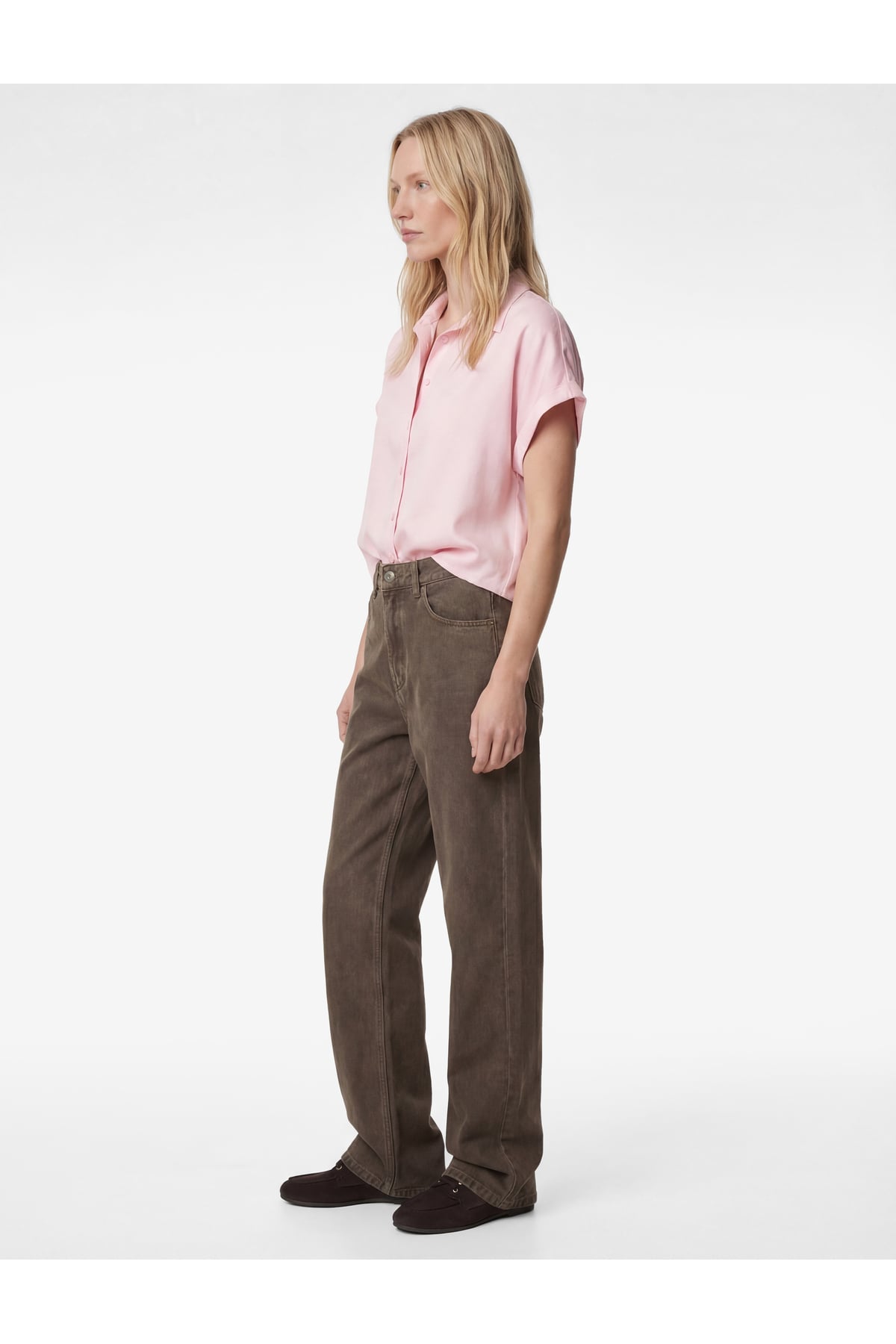 Kısa Kollu Kaçık Yaka Oversize Saten Gömlek
