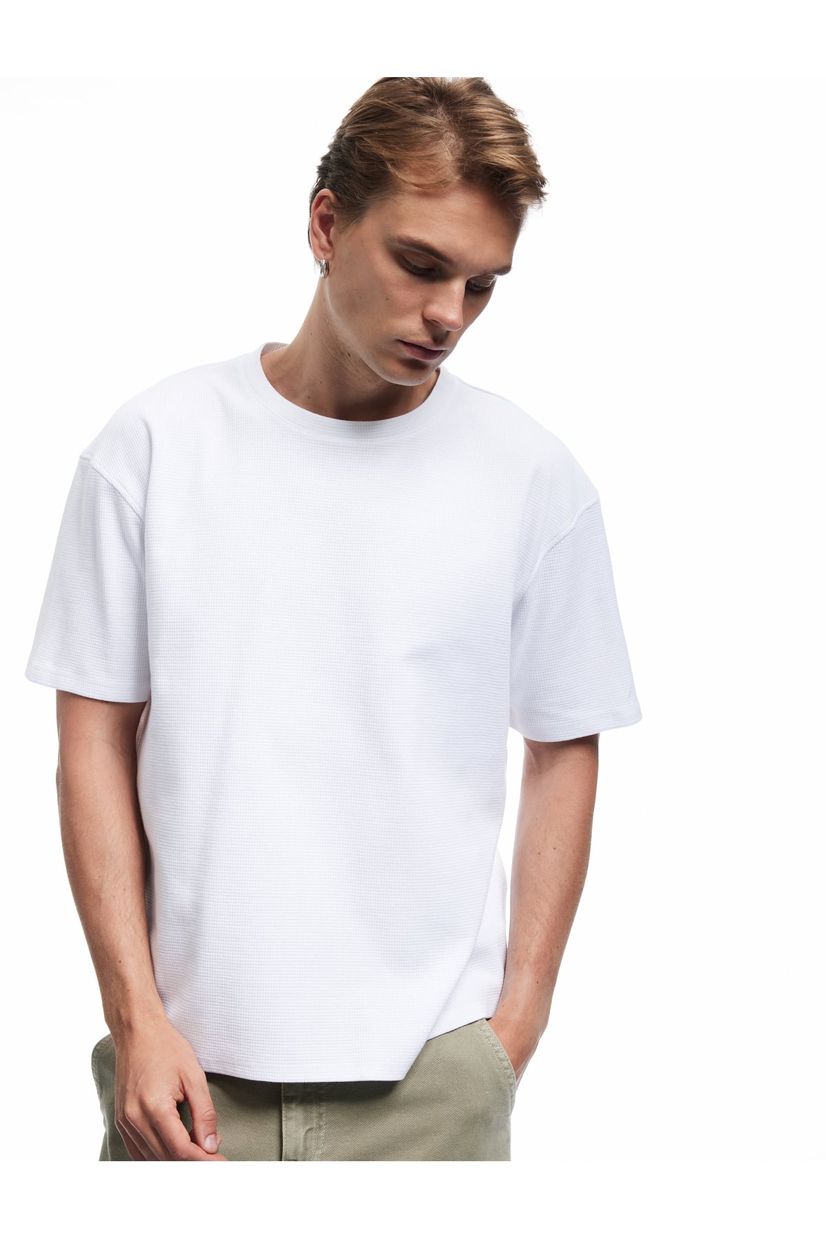 Kısa Kollu Waffle Dokulu Oversize Pamuklu Bisiklet Yaka Basic Tişört