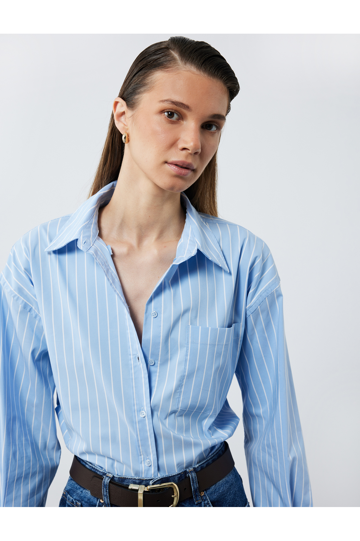 Klasik Yaka Uzun Kollu Oversize Poplin Gömlek