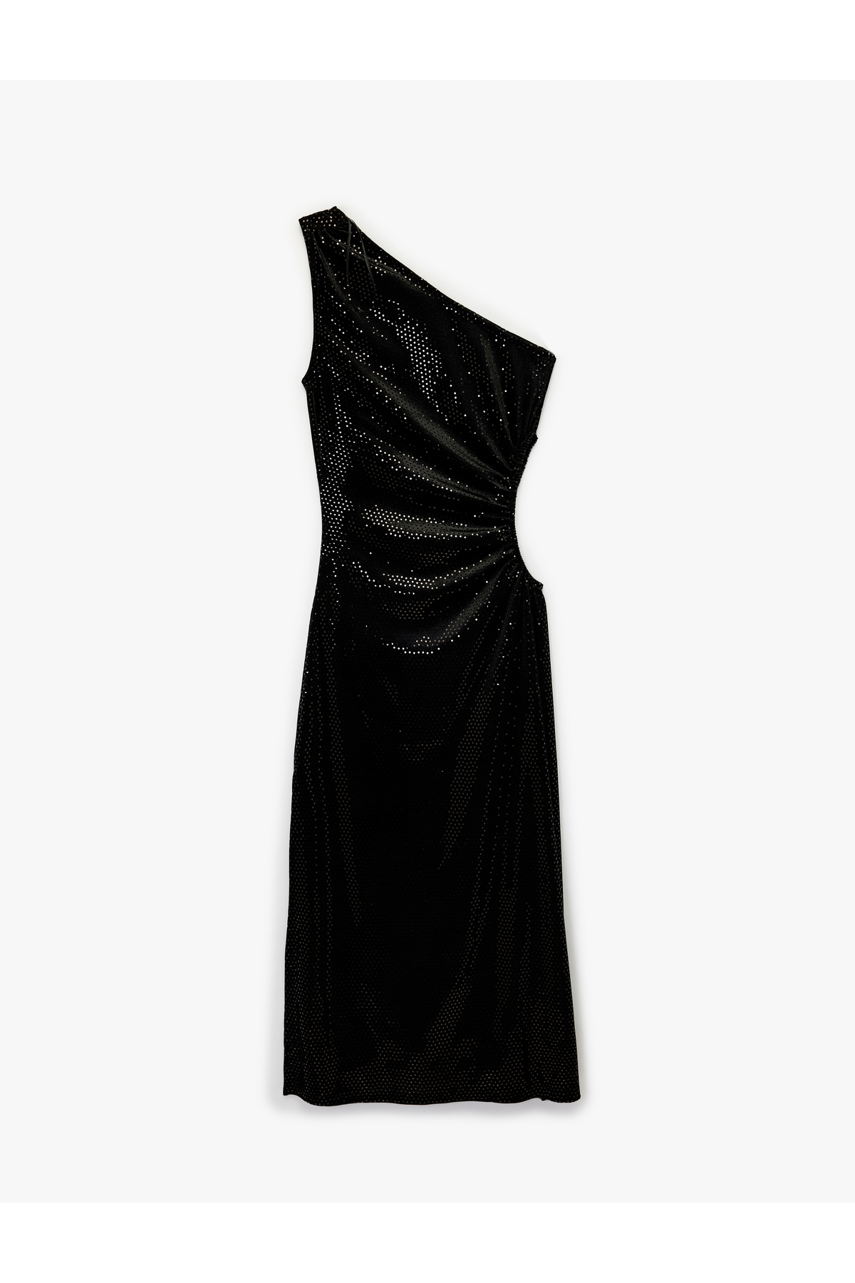 Kolsuz Kayık Yaka Slim Fit Metal Aksesuarlı Payetli Midi Abiye Elbise