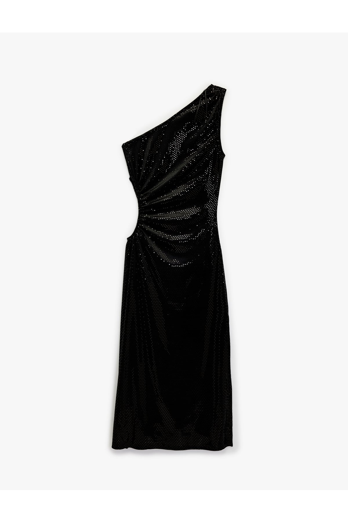 Kolsuz Kayık Yaka Slim Fit Metal Aksesuarlı Payetli Midi Abiye Elbise