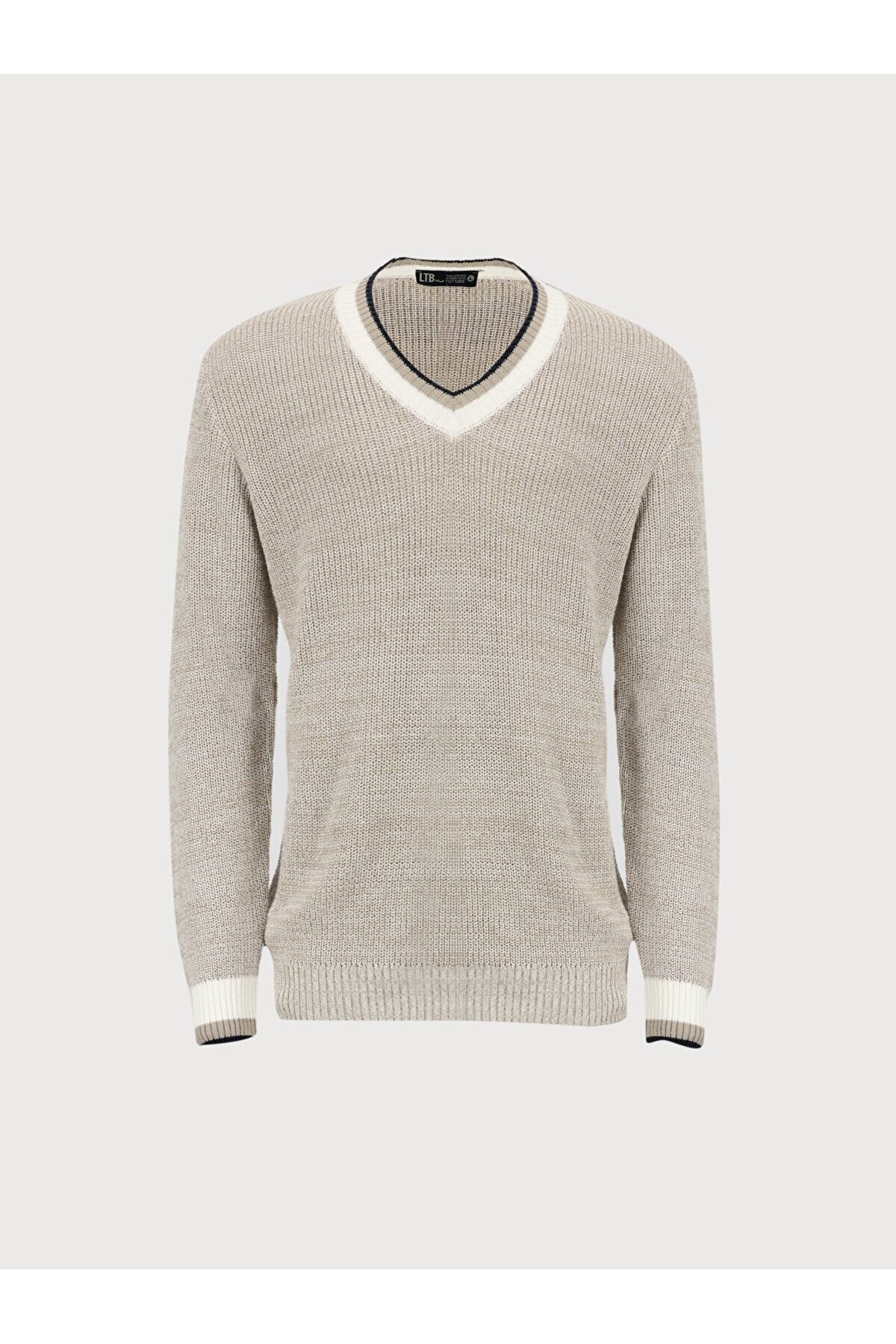 Kontrast Şeritli V Yaka Bej Kazak