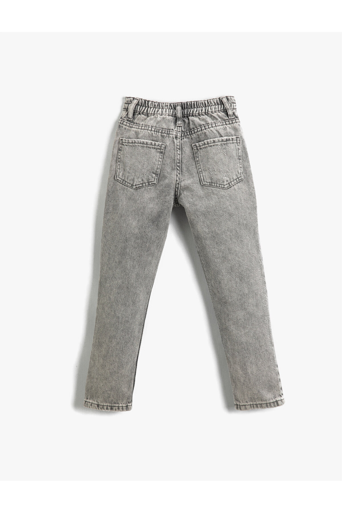 Kot Pantolon Destroylu Beli Lastikli Pamuklu - Mom Jean