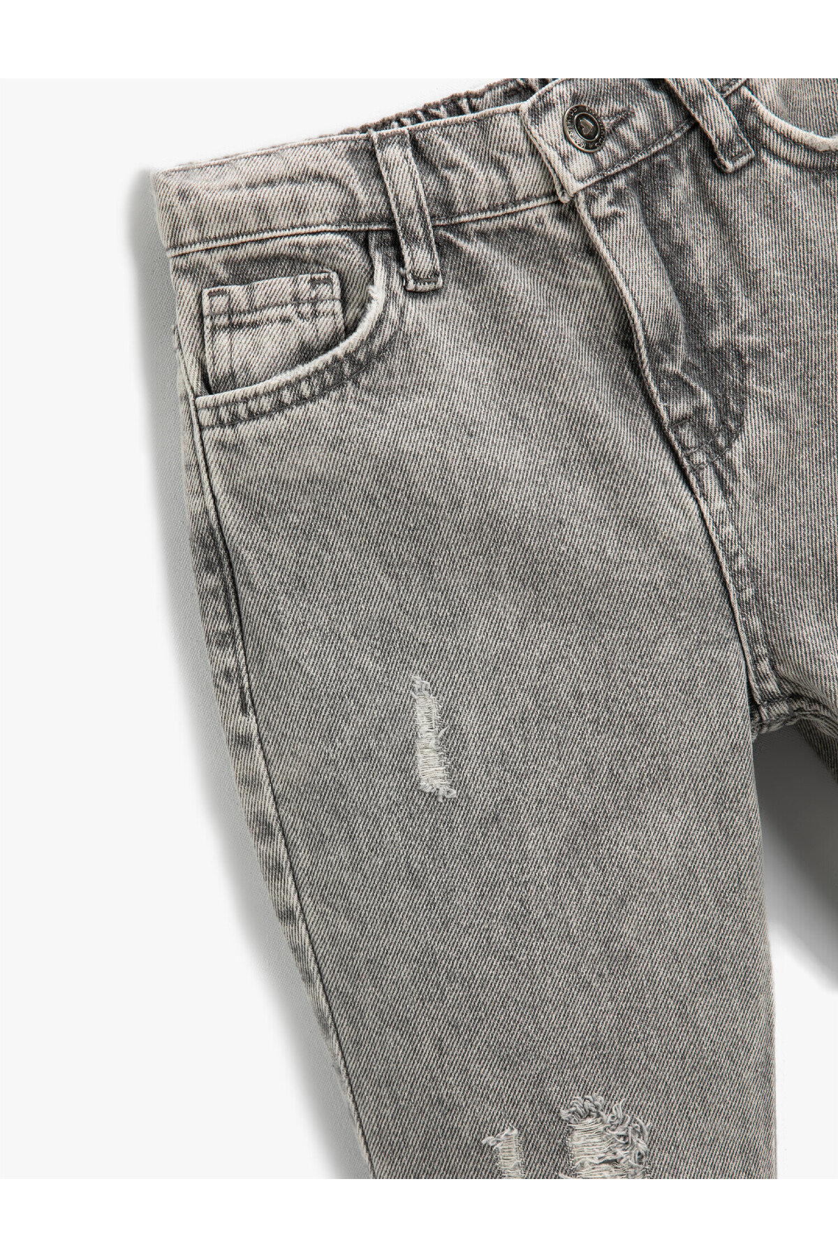 Kot Pantolon Destroylu Beli Lastikli Pamuklu - Mom Jean