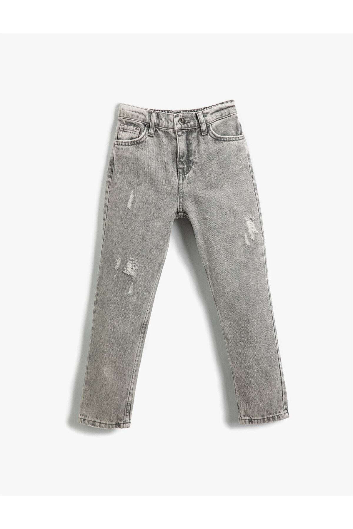 Kot Pantolon Destroylu Beli Lastikli Pamuklu - Mom Jean