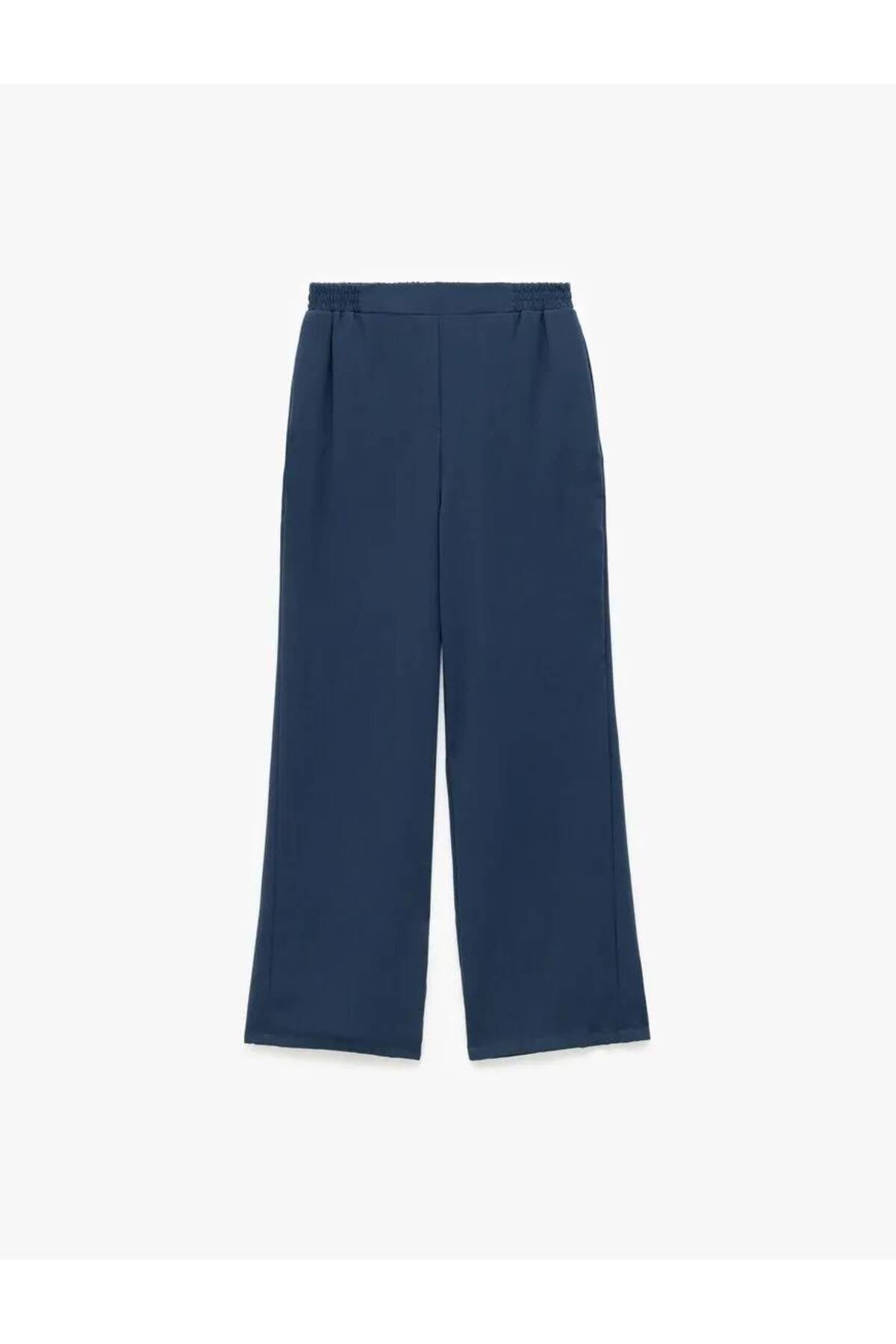 Krep Kumaş Beli Lastikli Düz Bol Paça Pantolon