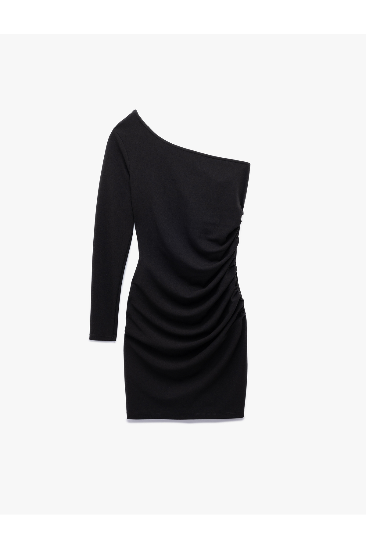 Krep Scuba Kumaş Drape Detaylı Uzun Kollu Tek Omuz Mini Elbise