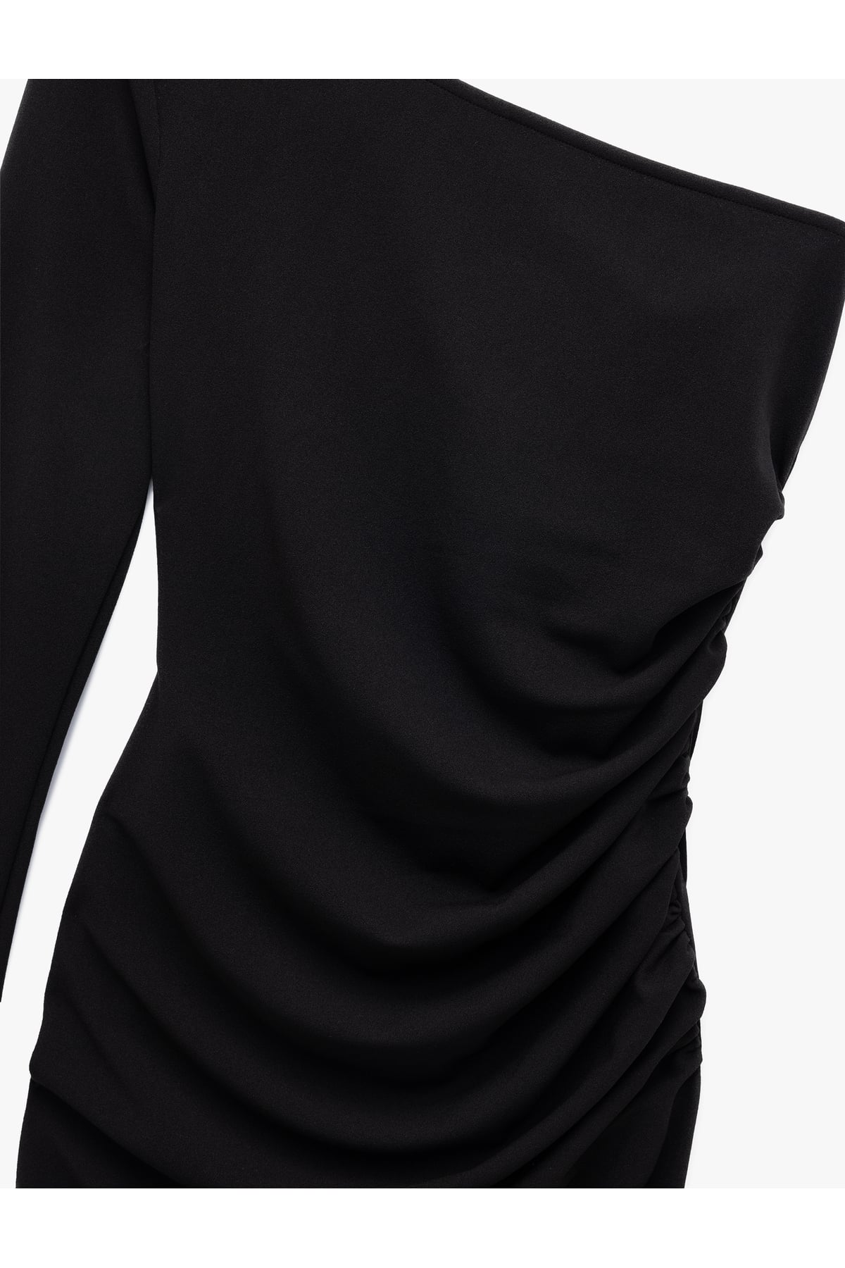 Krep Scuba Kumaş Drape Detaylı Uzun Kollu Tek Omuz Mini Elbise