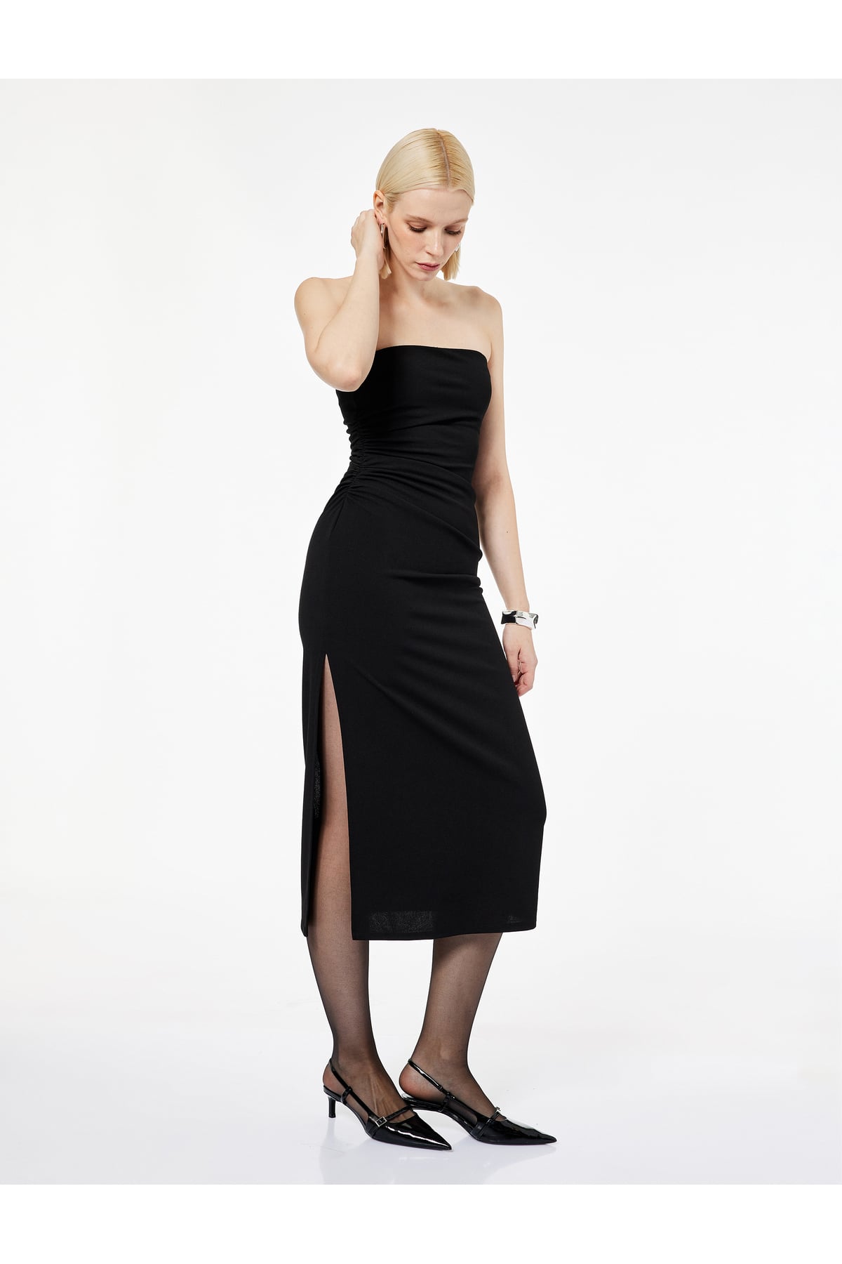 Krep Scuba Kumaş Slim Fit Drape Detaylı Straplez Kalem Elbise