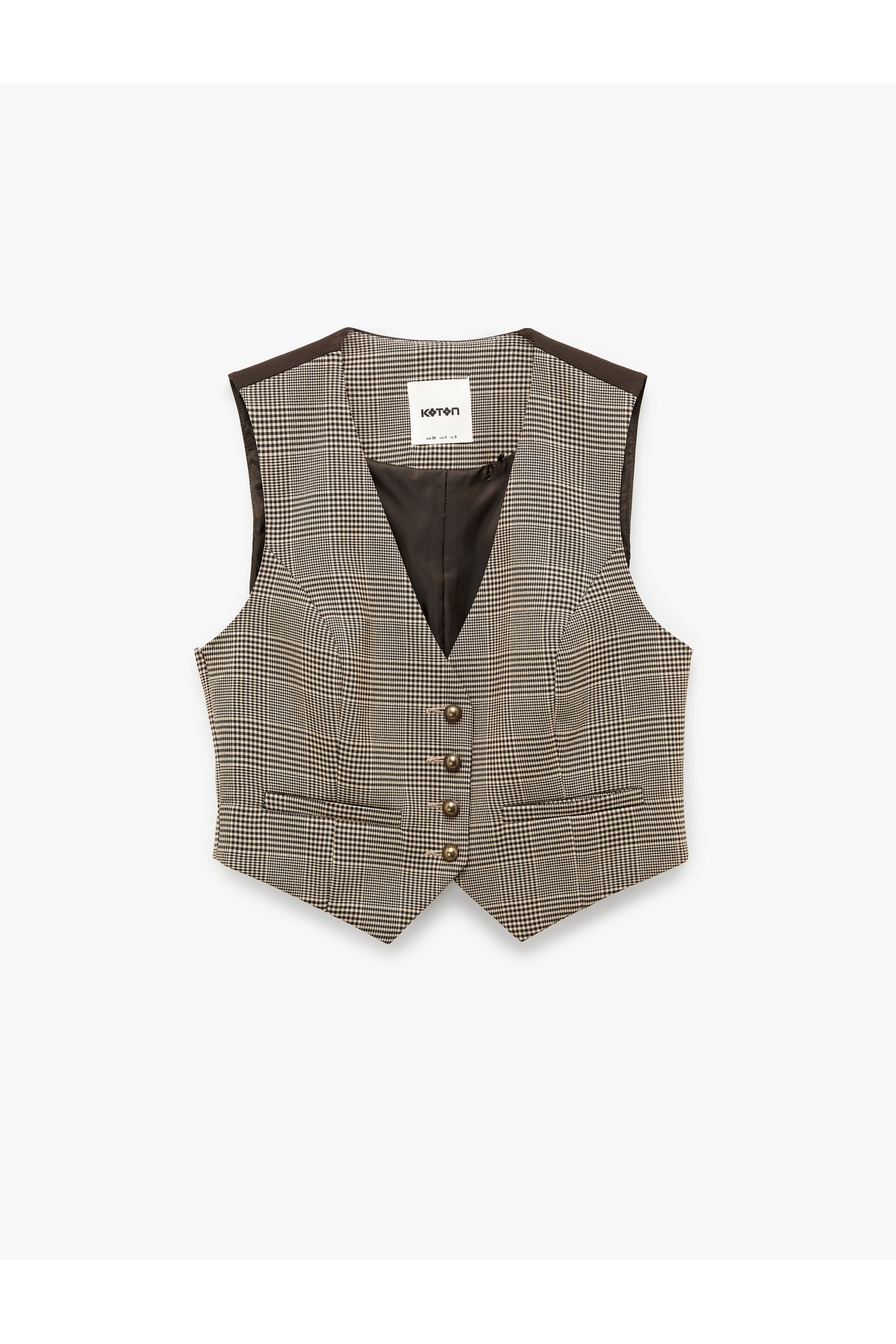 Kruvaze Düğmeli Ekose Crop Blazer Yelek
