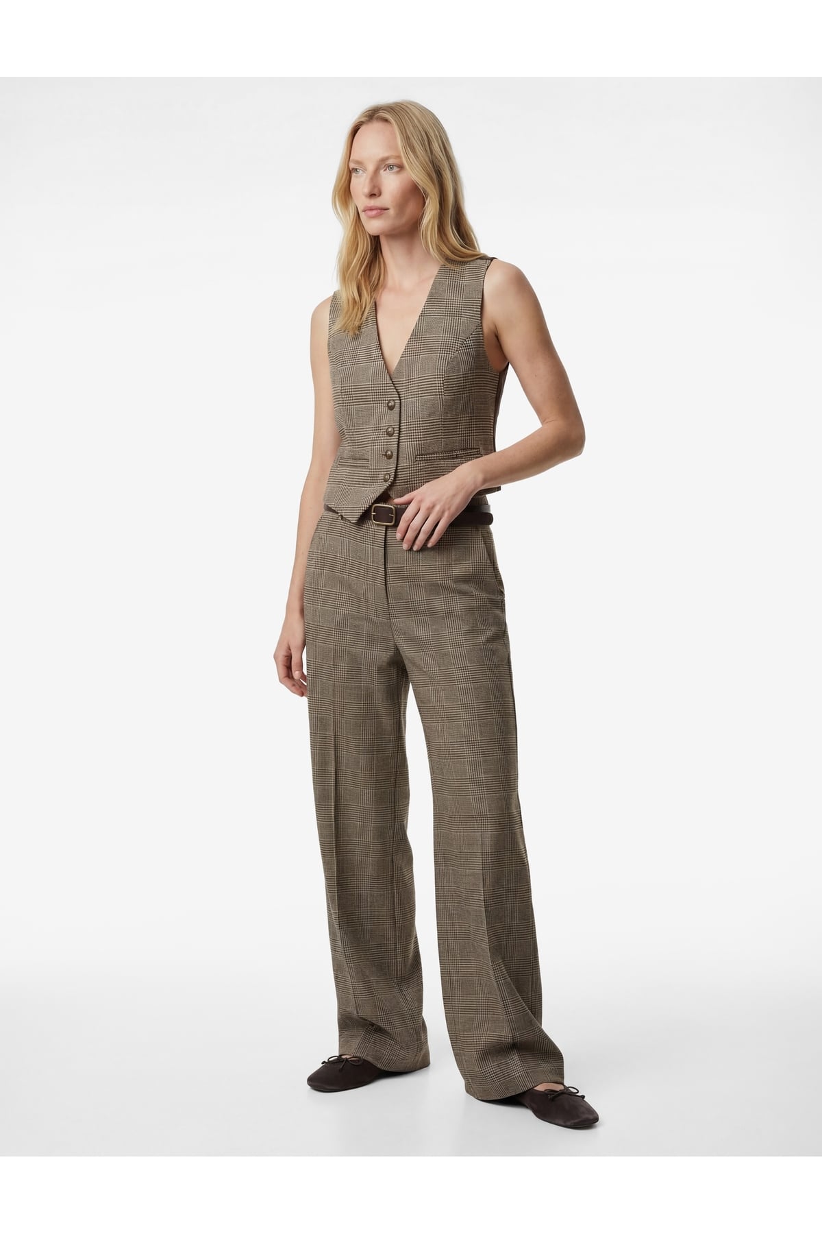 Kruvaze Düğmeli Ekose Crop Blazer Yelek