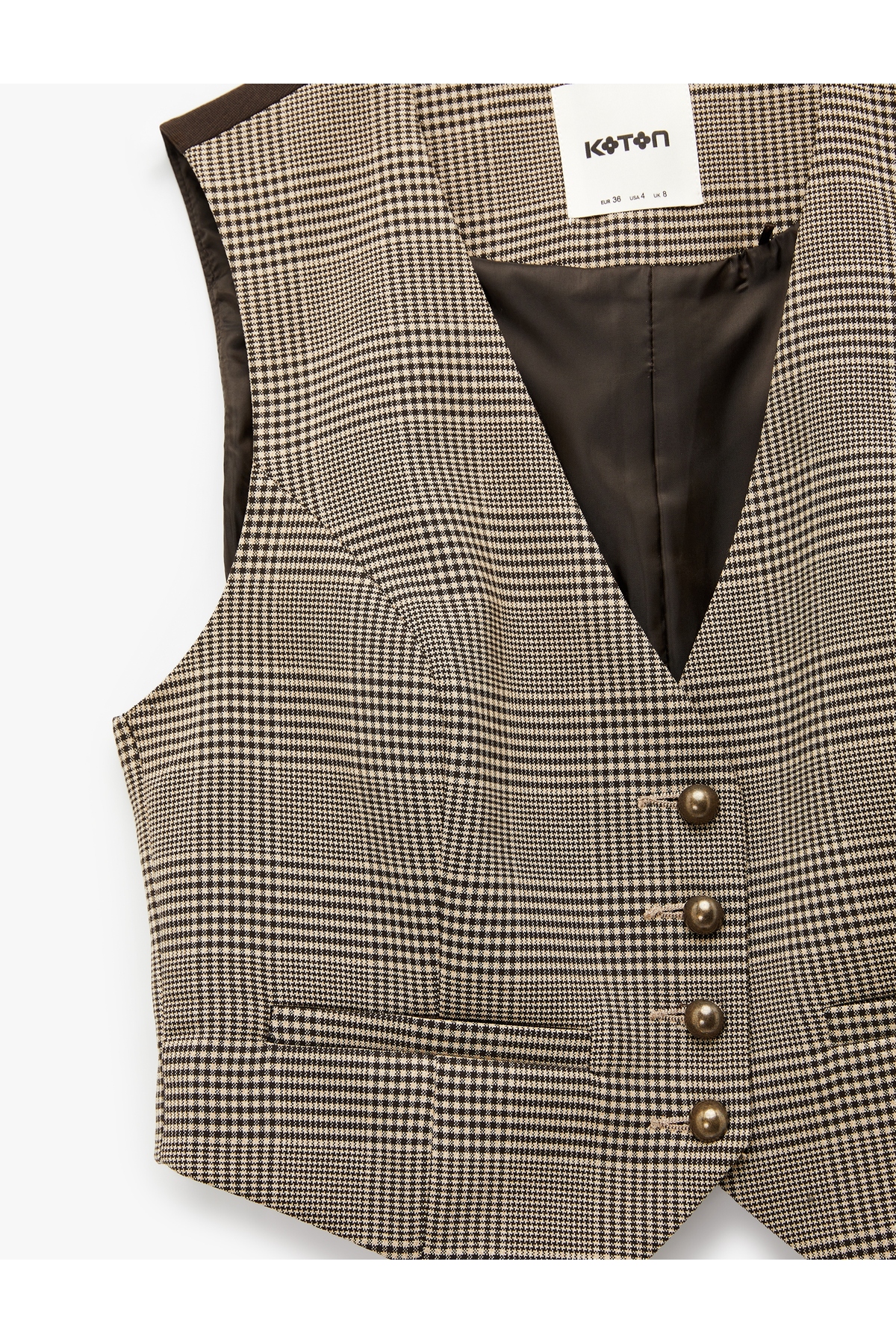 Kruvaze Düğmeli Ekose Crop Blazer Yelek