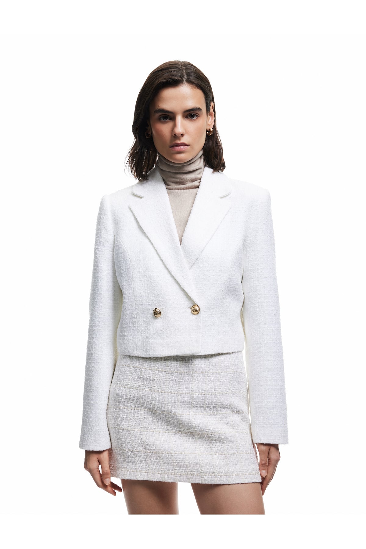 Kruvaze Uzun Kollu Tüvit Crop Blazer Ceket