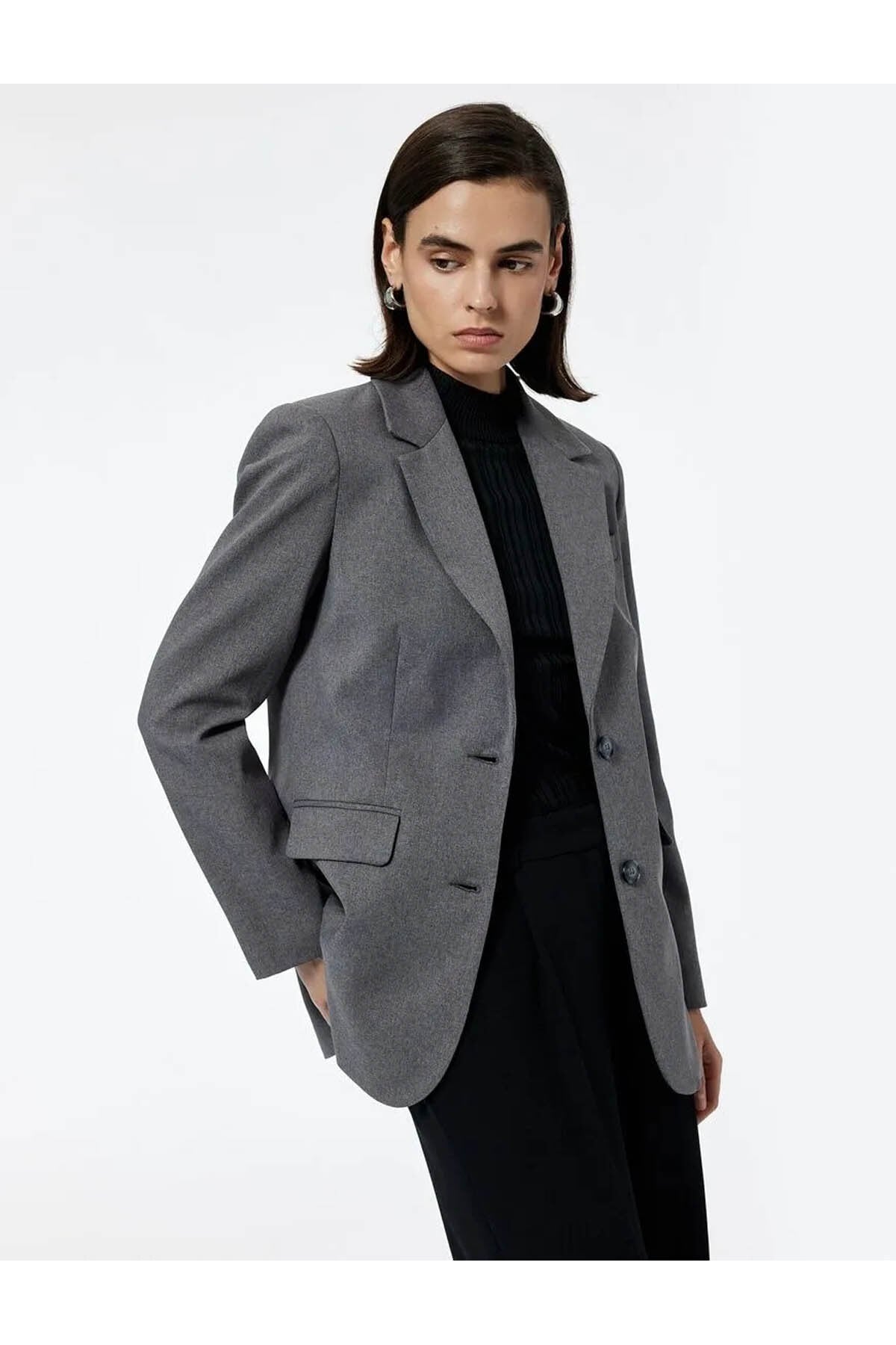Kruvaze Yaka Düğmeli Cepli Antrasit Kadın Blazer Ceket 6WAK50034UW