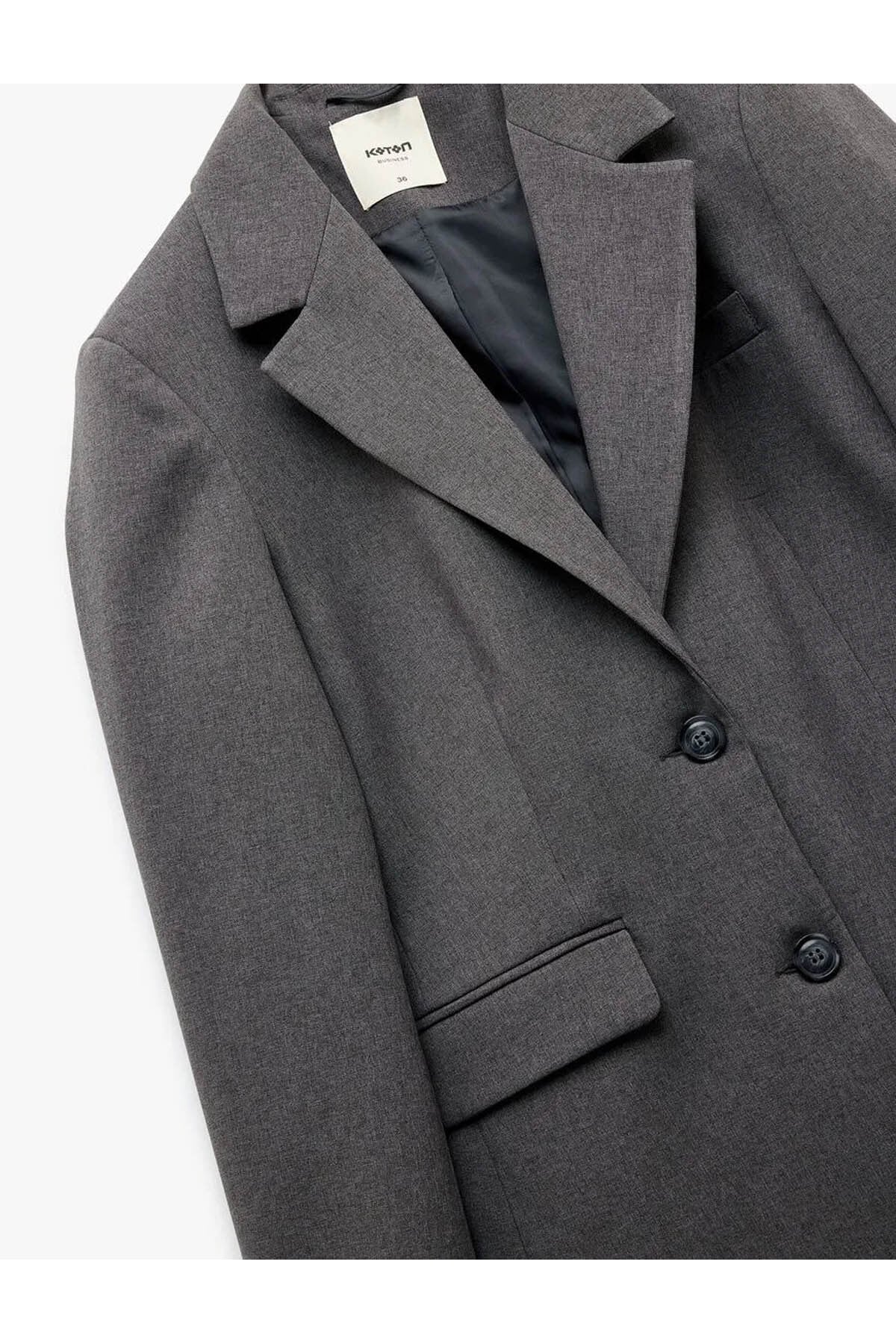 Kruvaze Yaka Düğmeli Cepli Antrasit Kadın Blazer Ceket 6WAK50034UW