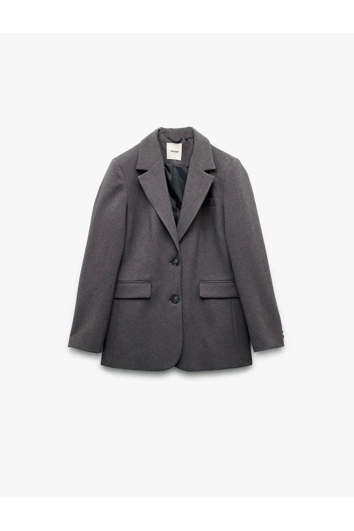 Kruvaze Yaka Düğmeli Cepli Antrasit Kadın Blazer Ceket 6WAK50034UW